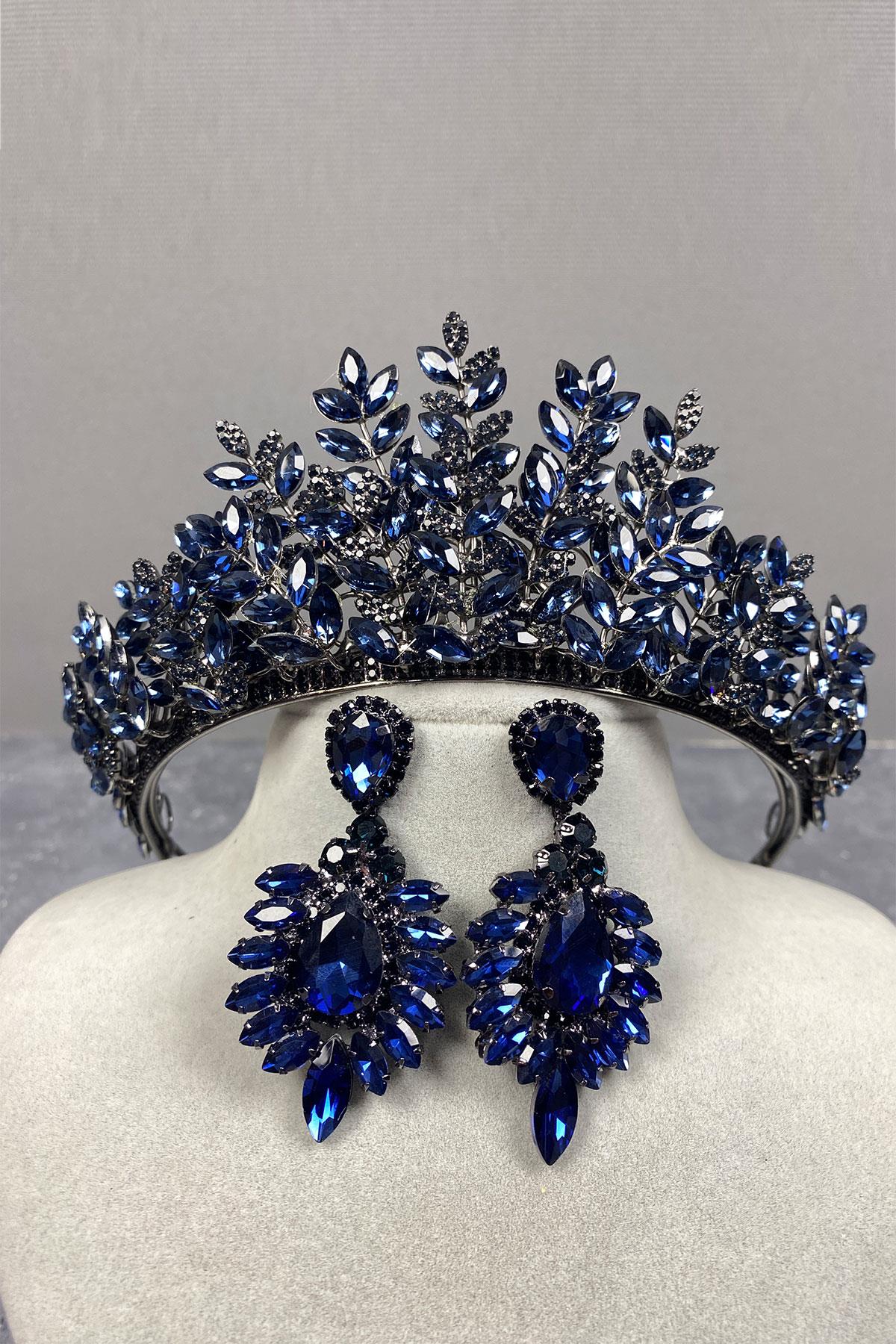 Navy Blue Ezel 3D Bridal Henna Crown And Earring Set