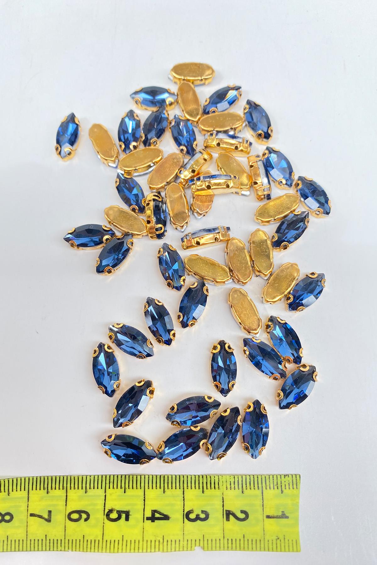 Dark Blue Gold Grounded Strut Shiny Glass Shuttle Beads 10 Pieces