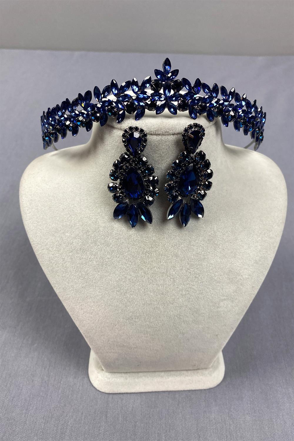 Navy Blue Thin Elegant Vera Bridal Henna Crown and Drop Shuttle Earrings