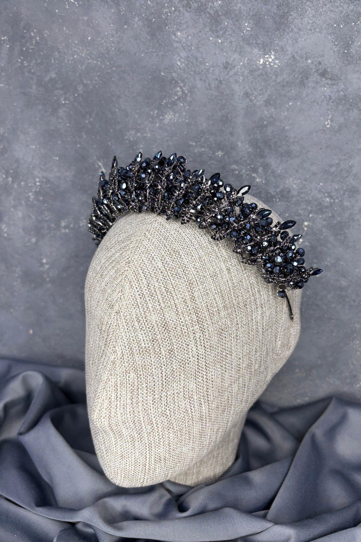Navy Blue Crystal Bead Embellished Buglem Bridal Tiara