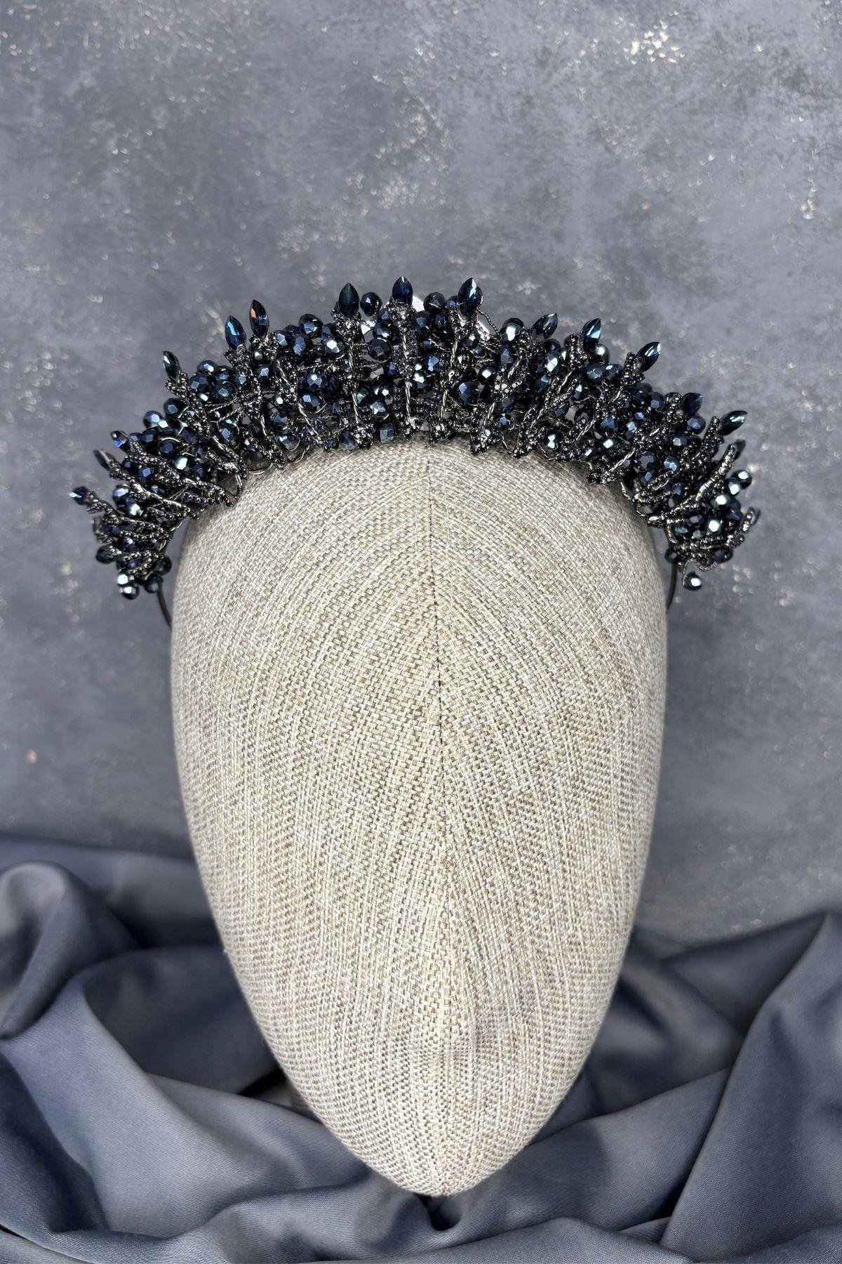 Navy Blue Crystal Bead Embellished Buglem Bridal Tiara