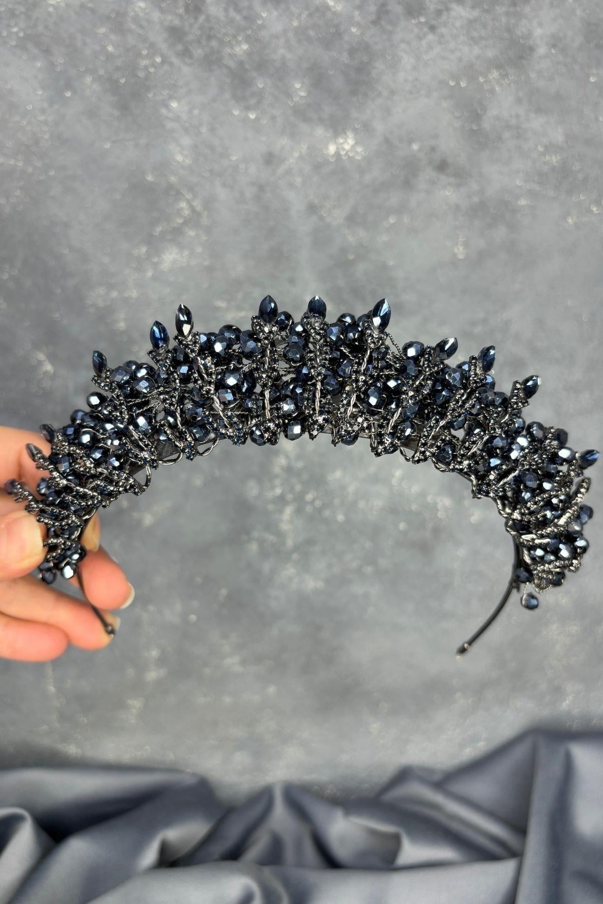 Navy Blue Crystal Bead Embellished Buglem Bridal Tiara