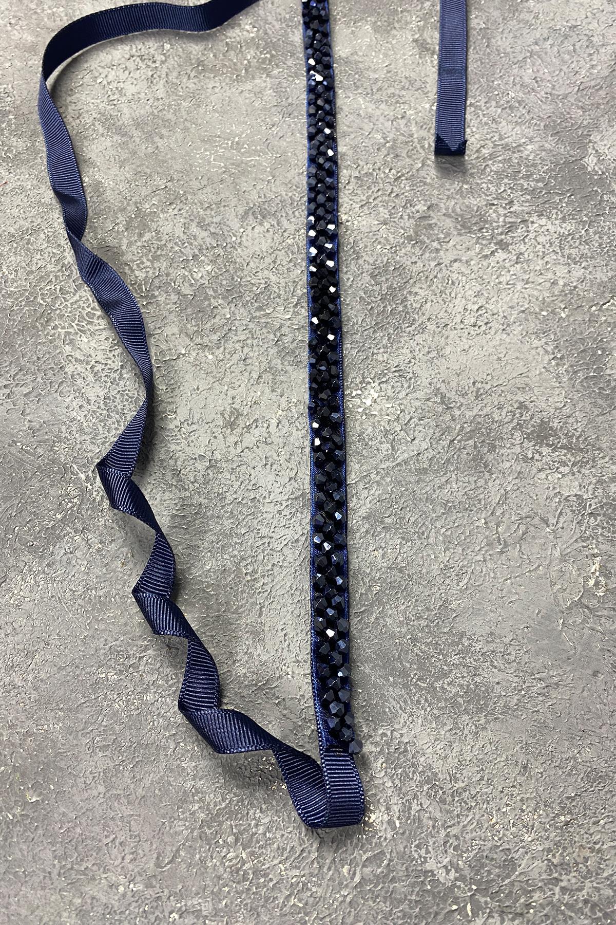 Lacivert Kristal Boncuklu Abiye Elbise Kemer Aksesuarı