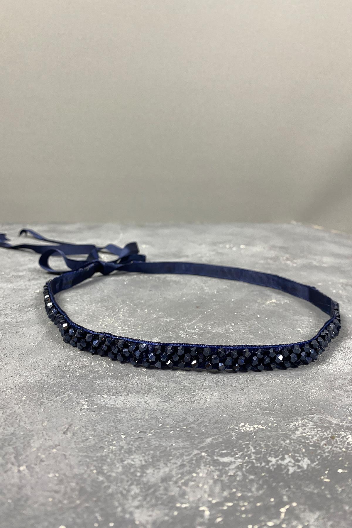 Lacivert Kristal Boncuklu Abiye Elbise Kemer Aksesuarı