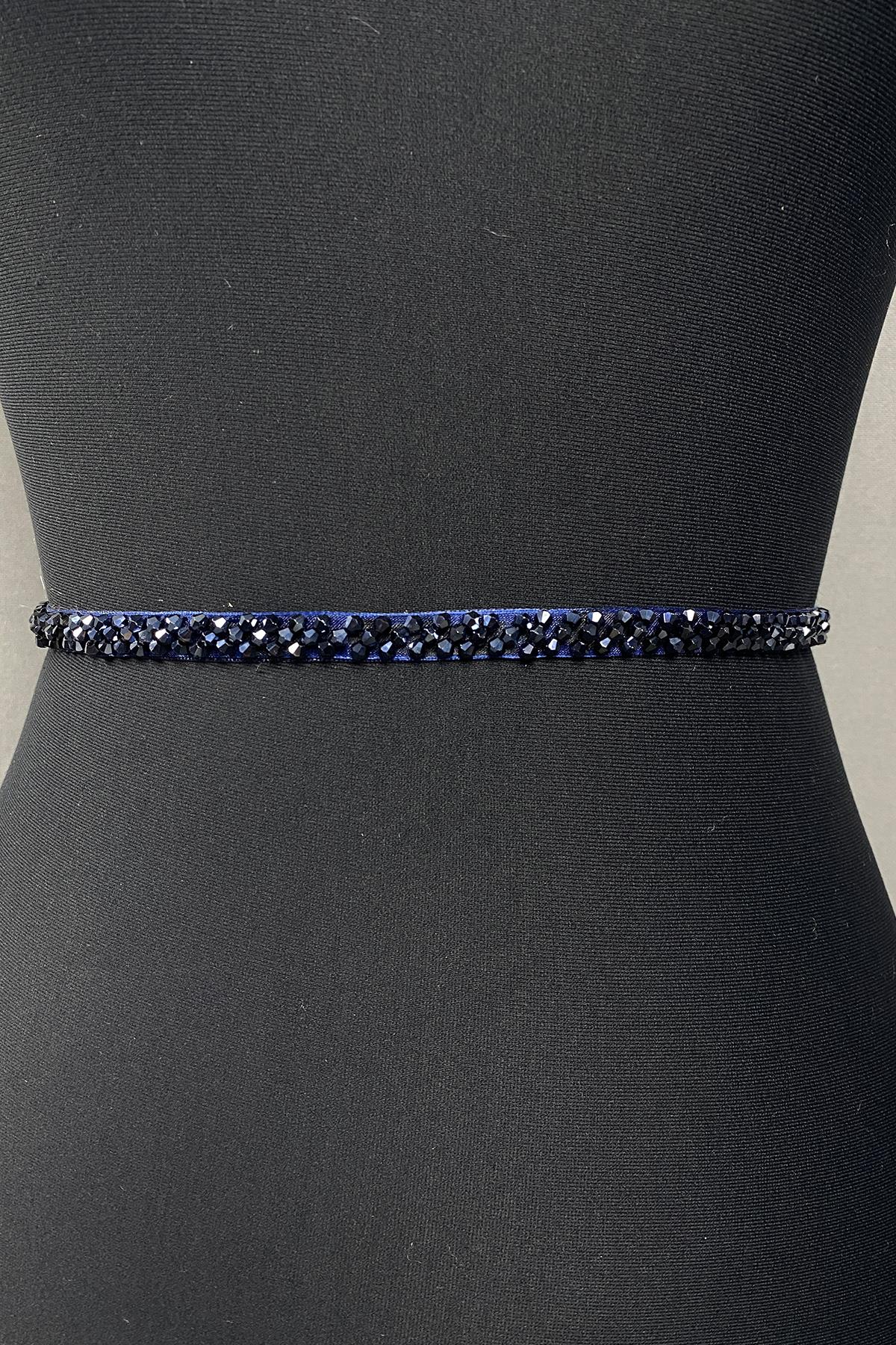 Lacivert Kristal Boncuklu Abiye Elbise Kemer Aksesuarı