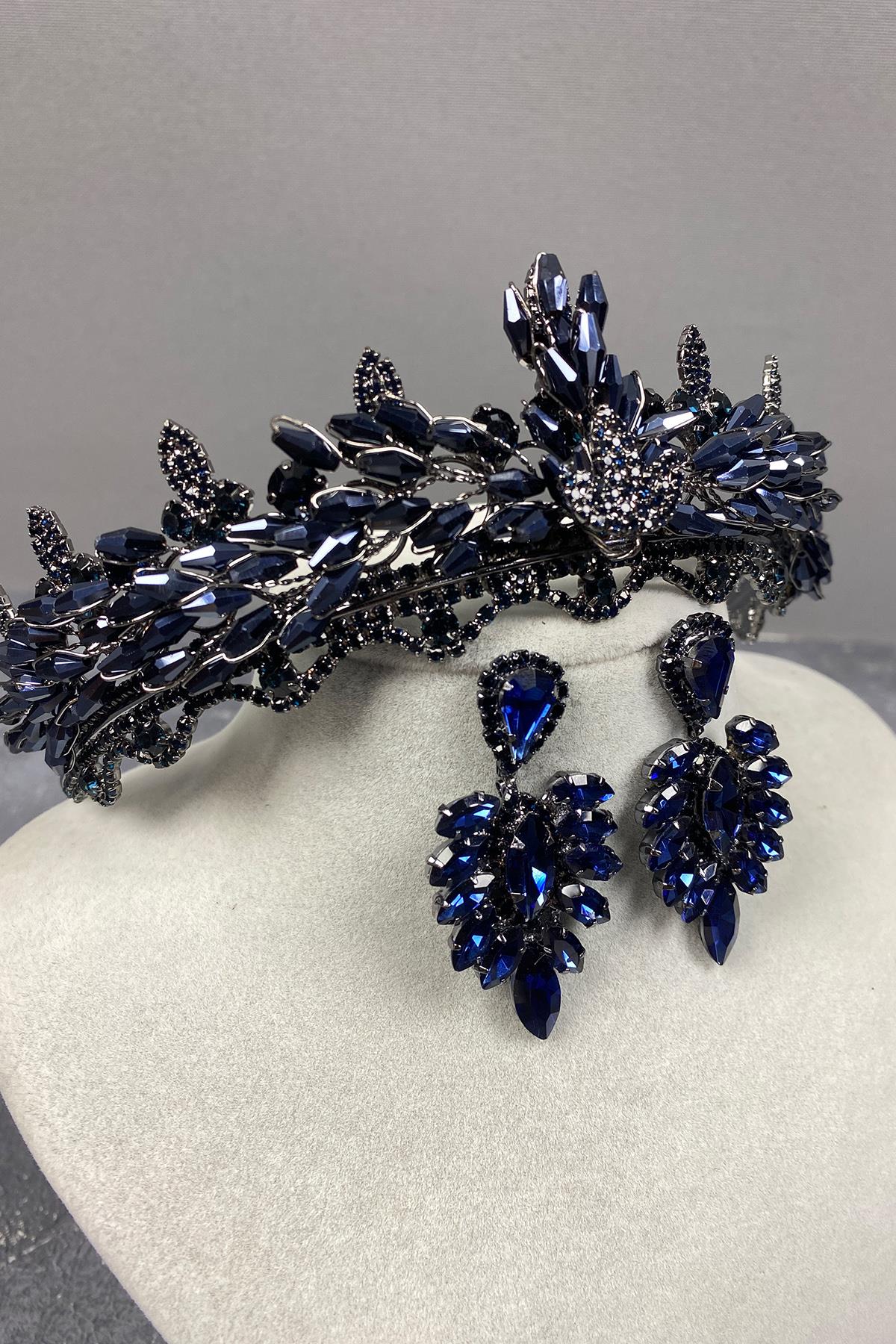 Navy Blue Lena Crystal Bridal Henna Crown And Earring Set