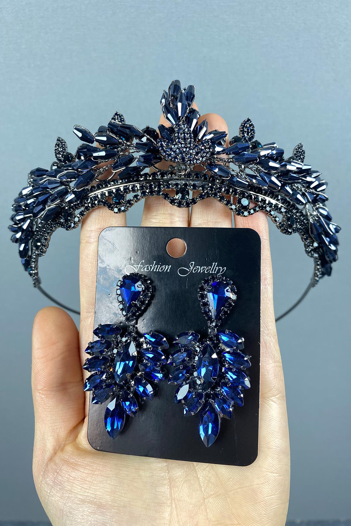 Navy Blue Lena Crystal Bridal Henna Crown And Earring Set