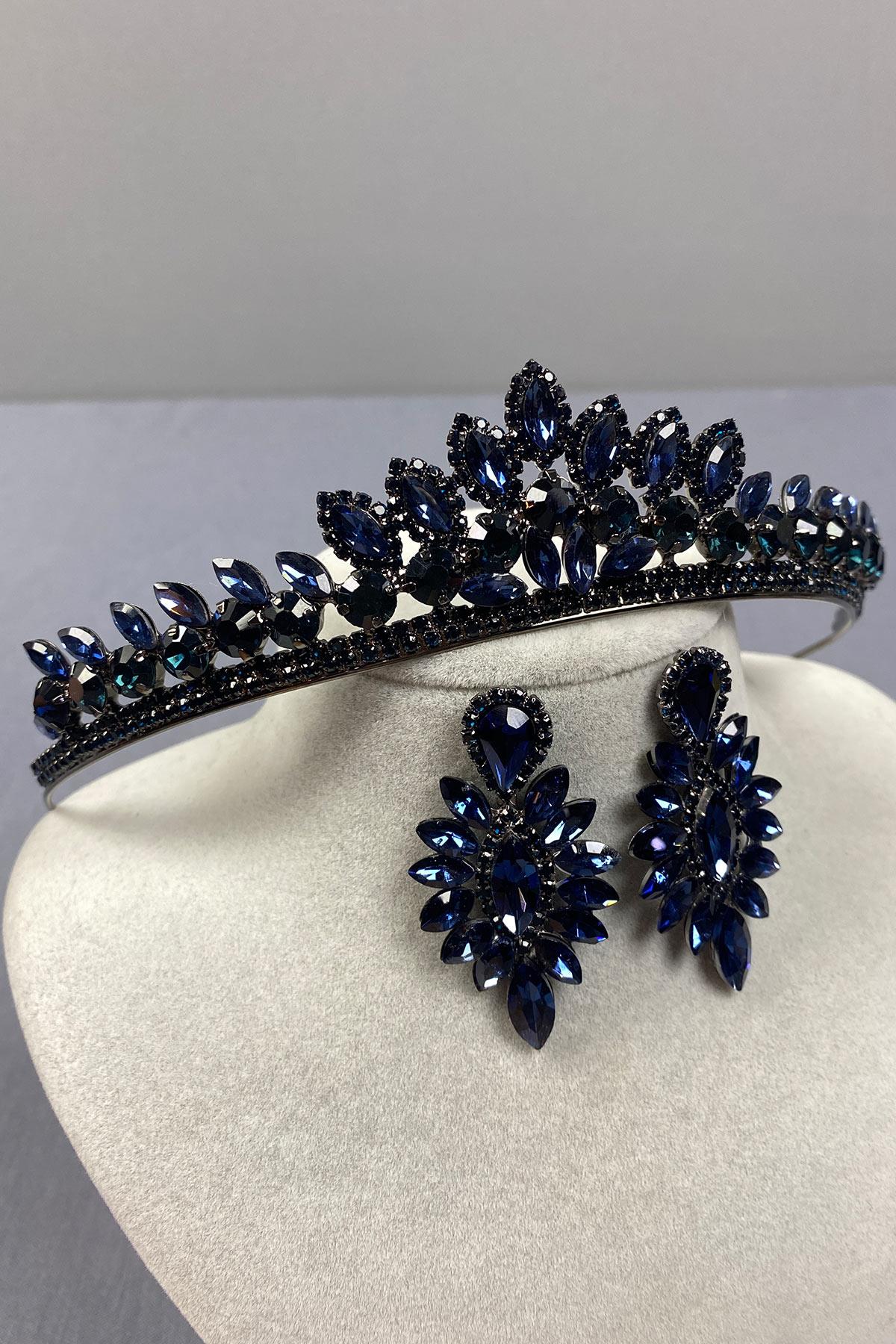 Navy Blue Leyn Bridal Henna Crown and Thin Shuttle Stone Earrings