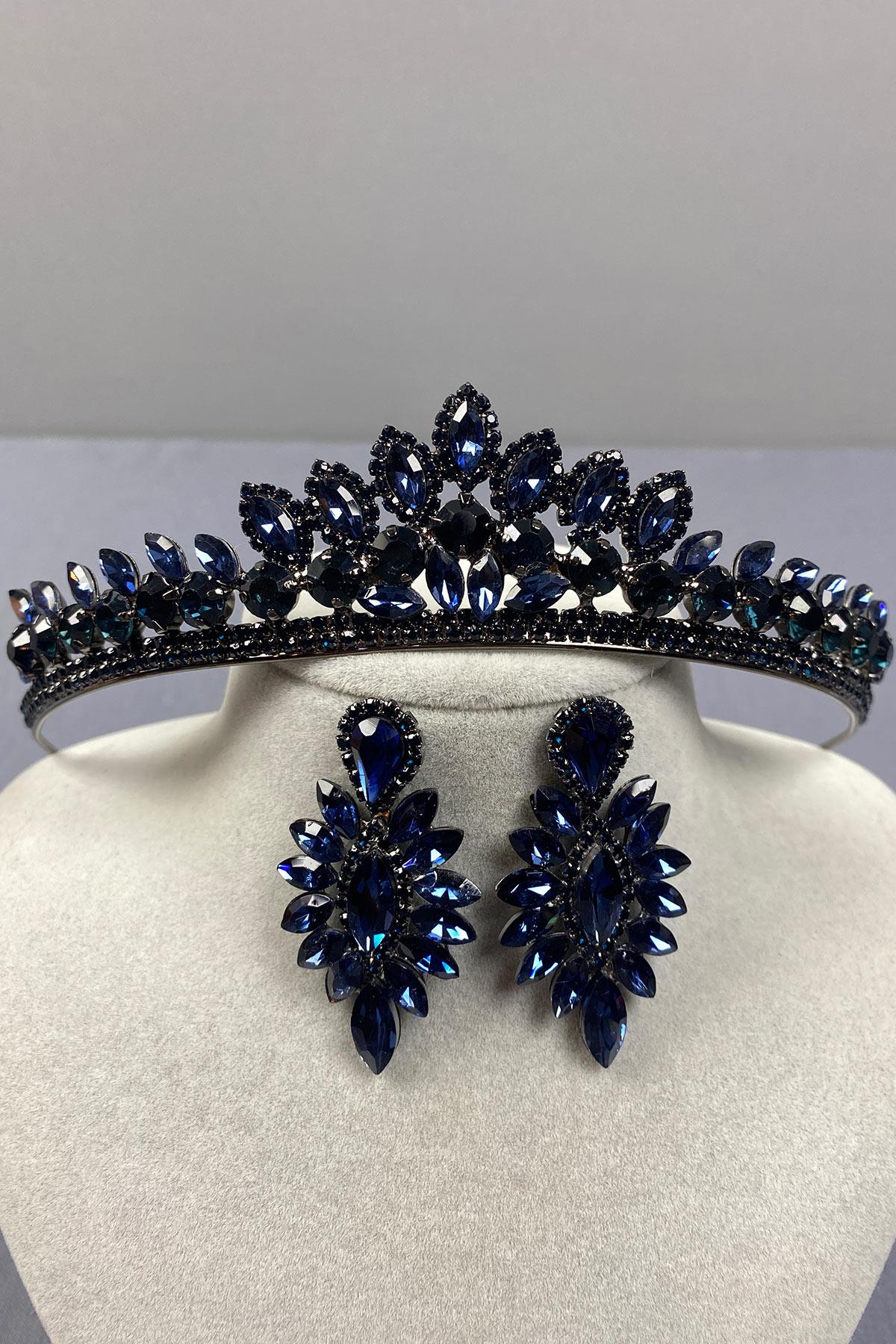 Navy Blue Leyn Bridal Henna Crown and Thin Shuttle Stone Earrings