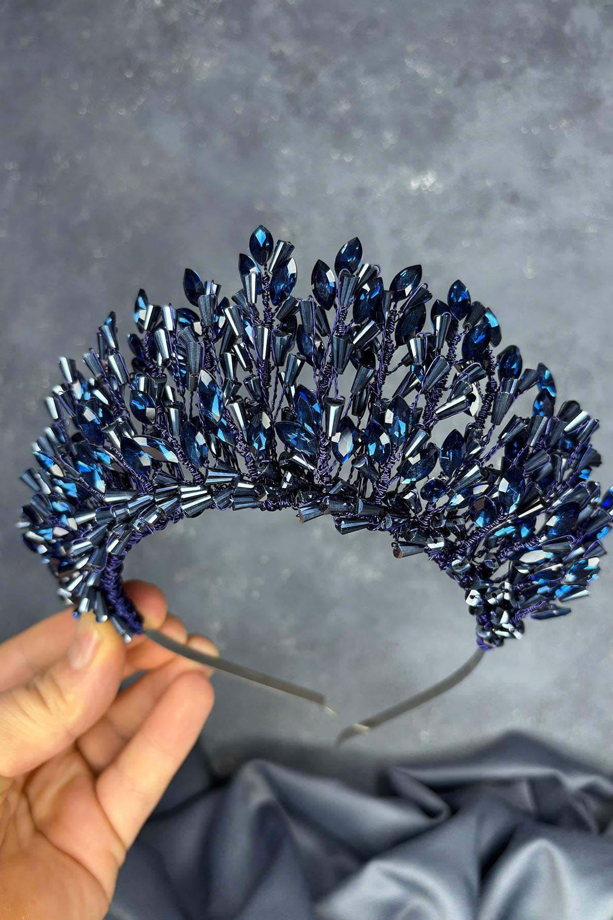 Navy Blue Maria Heavily Embroidered Crystal Bridal Henna Crown Hair Accessory