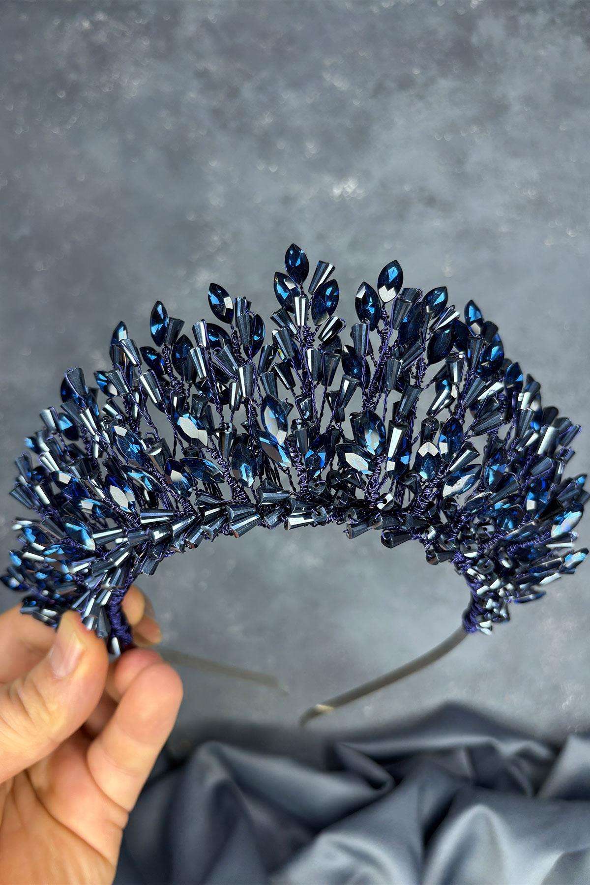 Navy Blue Maria Heavily Embroidered Crystal Bridal Henna Crown Hair Accessory