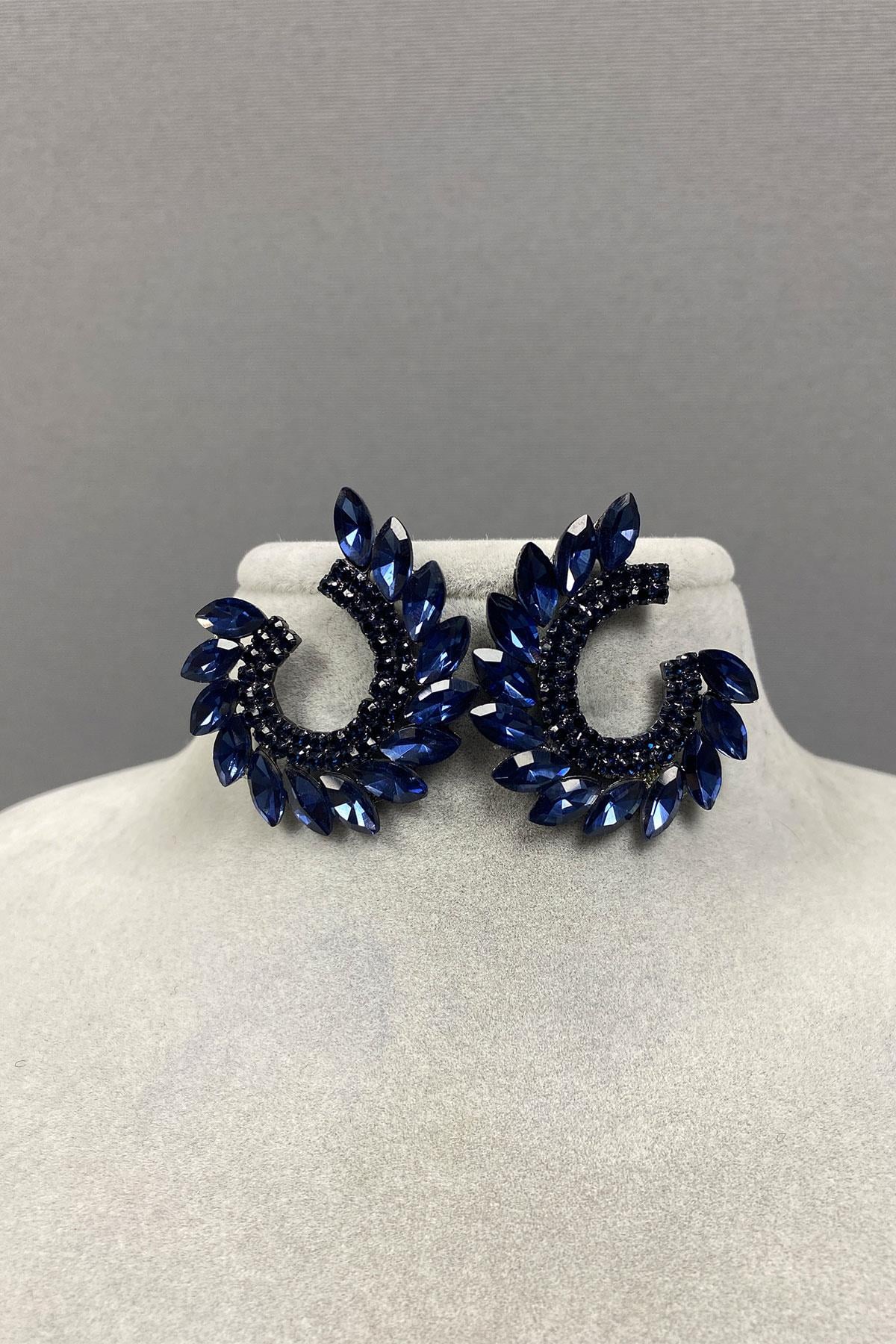 Navy Blue Shuttle Hera Leaf Pattern Stone Evening Earrings