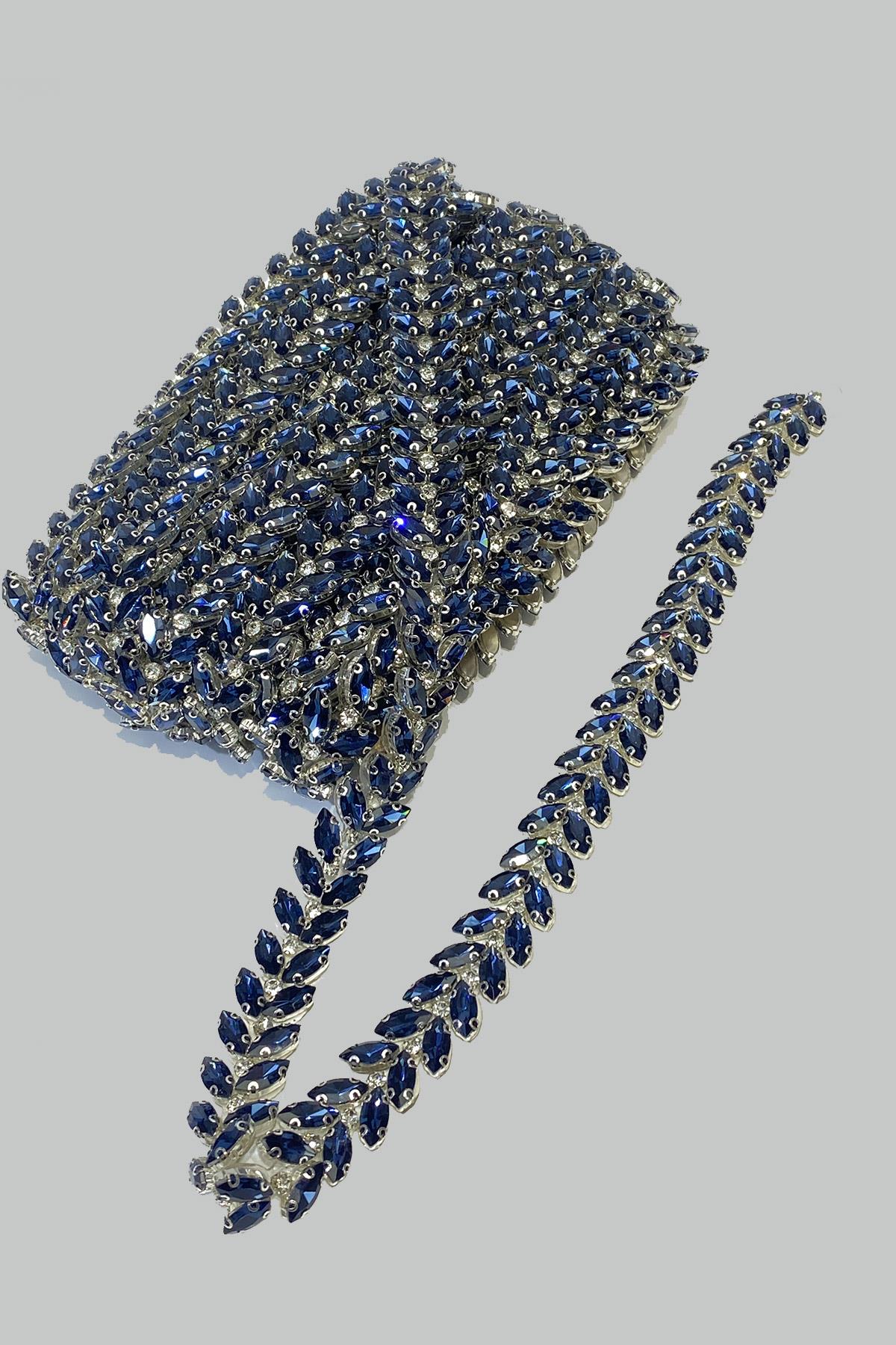 Navy Blue Shuttle Stone Evening Dress with Stripe Stone Border