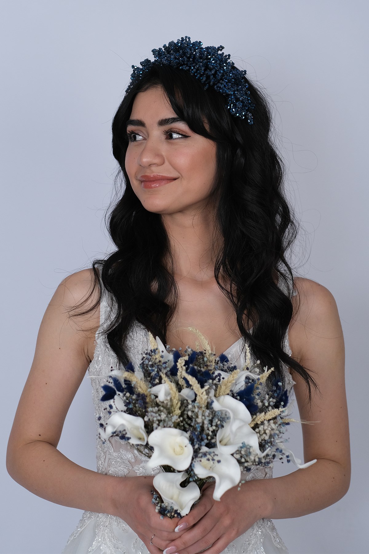 Lacivert Nilsu Boncuklu Gelin Tacı ve Türban Aksesuarı