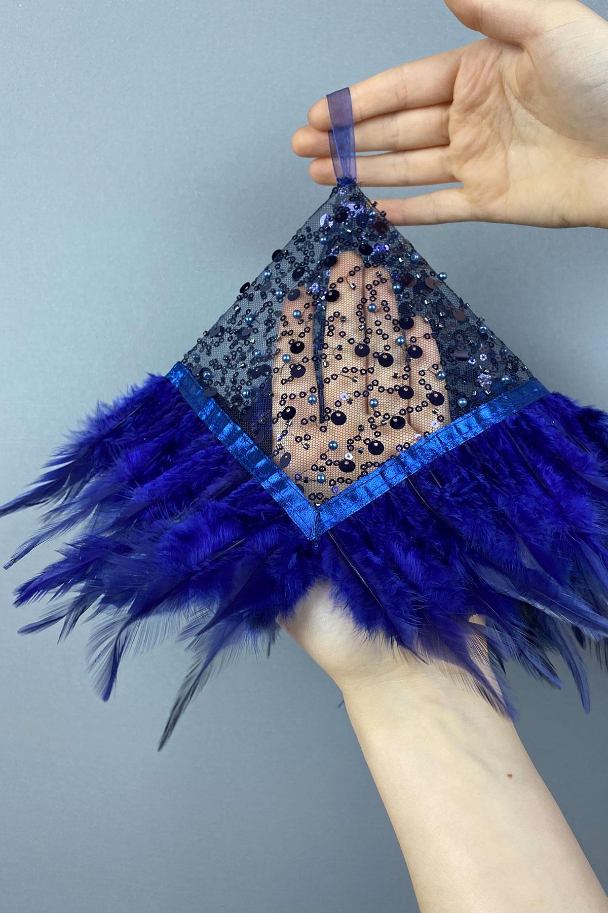 Navy Blue Authentic Bead Embroidered Hairy Bridal Halay Handkerchief 1 Piece