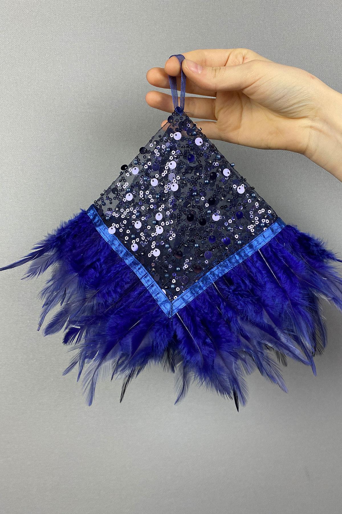 Navy Blue Authentic Bead Embroidered Hairy Bridal Halay Handkerchief 1 Piece