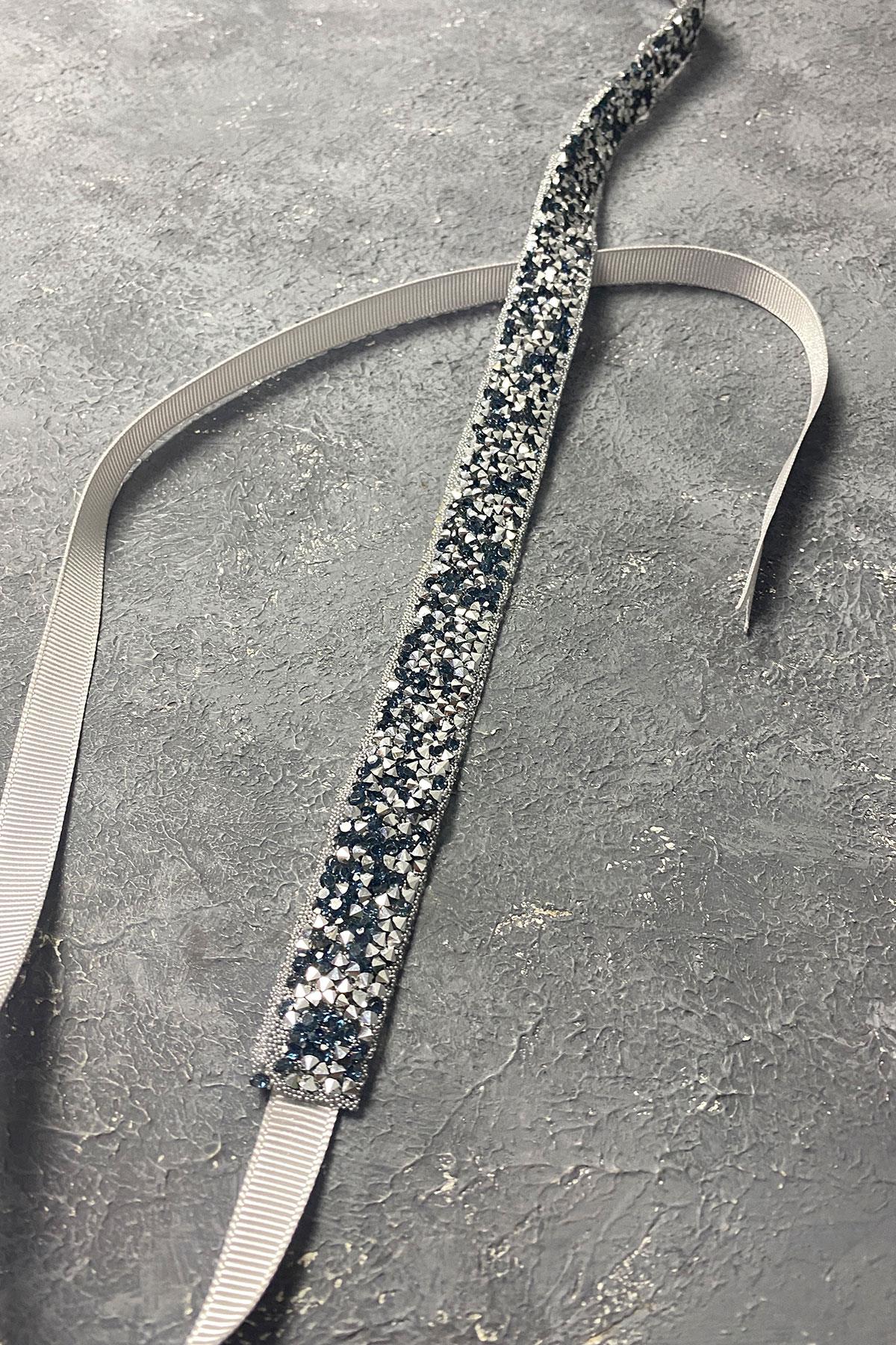 Navy Blue Shiny Bead Embroidered Evening Dress Belt Waist Accessory