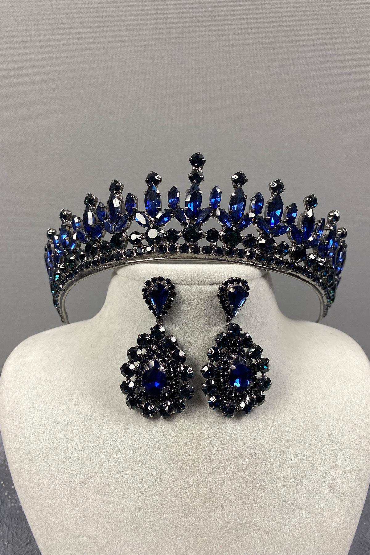 Navy Blue Pedro Stone Bridal Henna Tiara and Stud Earrings Set