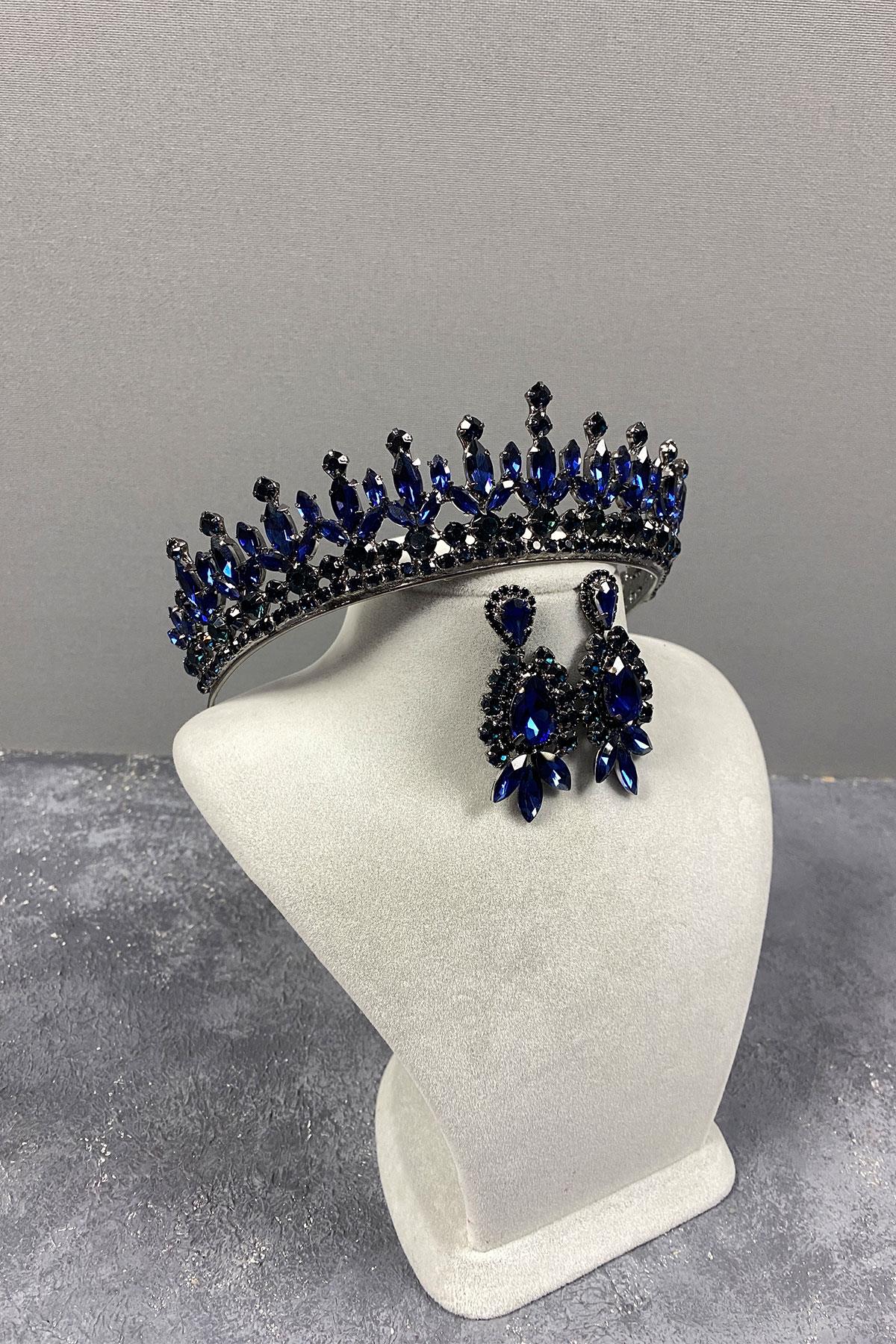 Navy Blue Pedro Stone Bridal Henna Tiara and Earring Set
