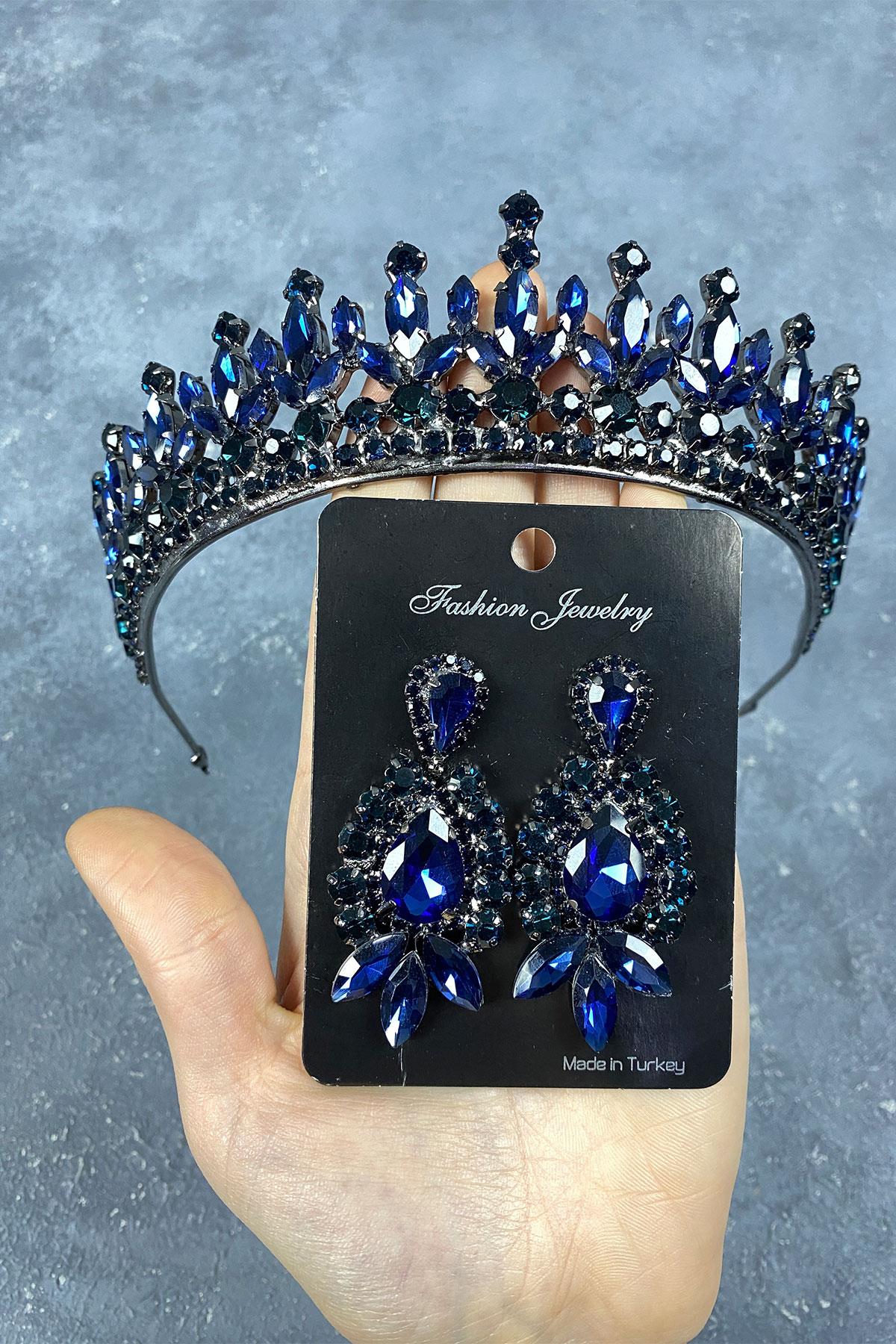 Navy Blue Pedro Stone Bridal Henna Tiara and Earring Set
