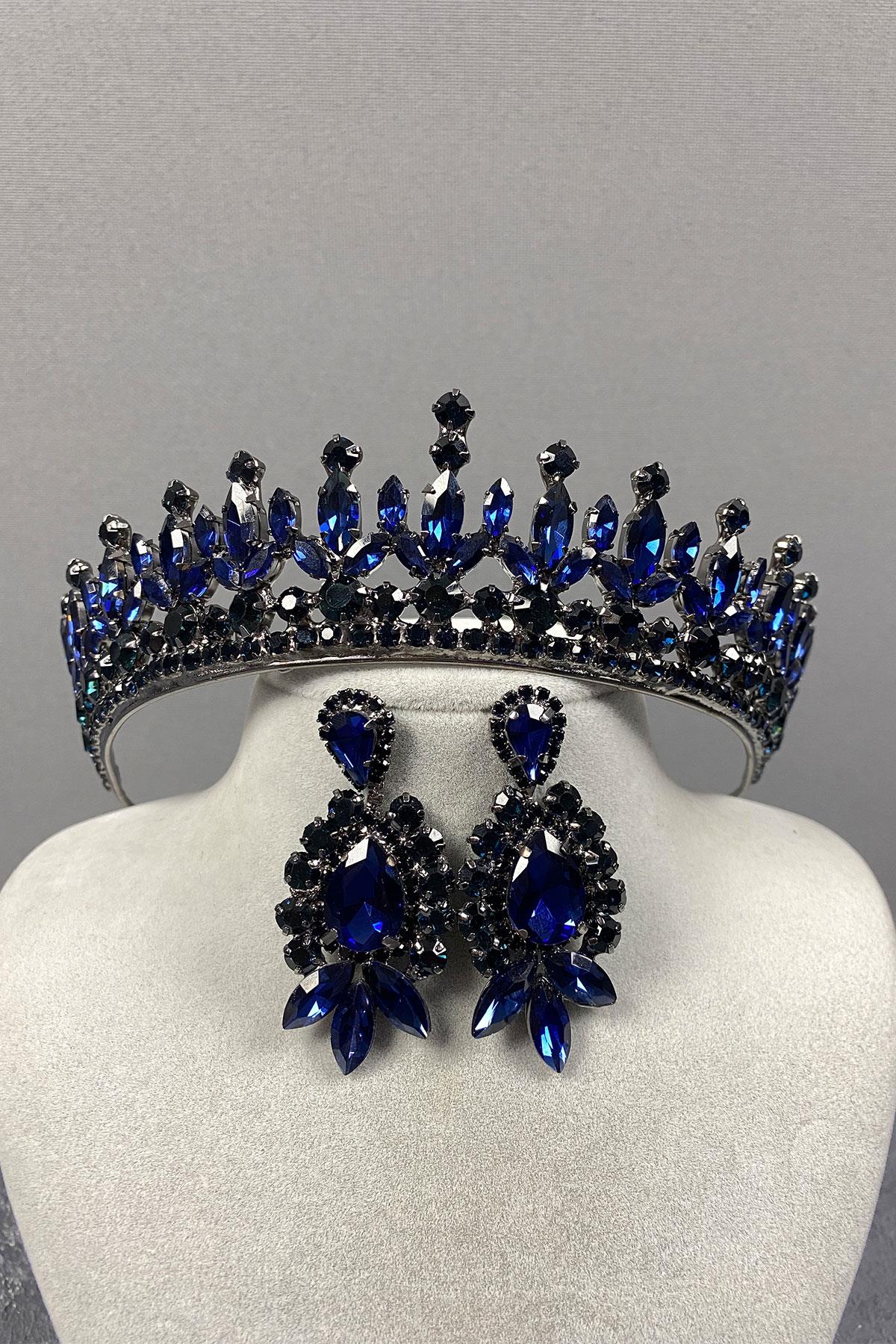 Navy Blue Pedro Stone Bridal Henna Tiara and Earring Set