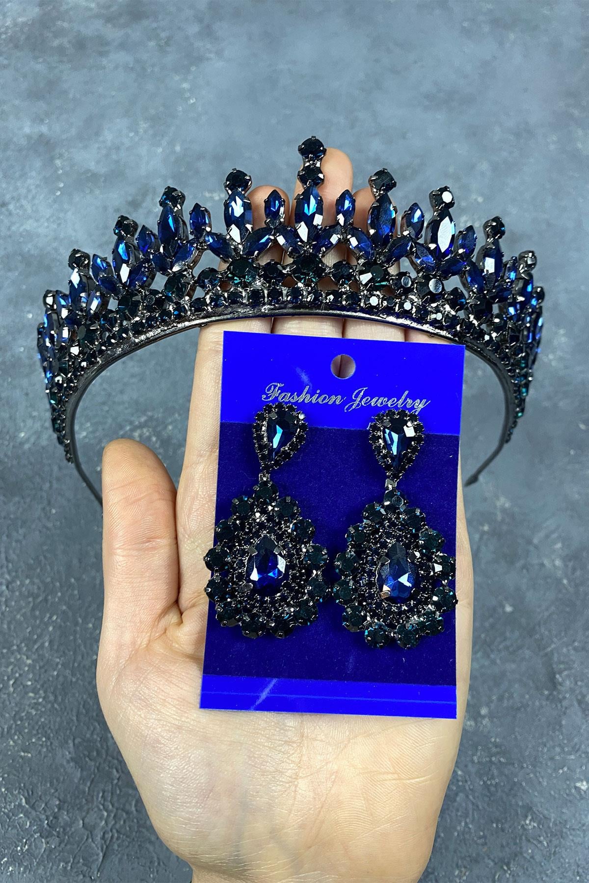 Navy Blue Pedro Stone Bridal Henna Tiara and Stud Earrings Set