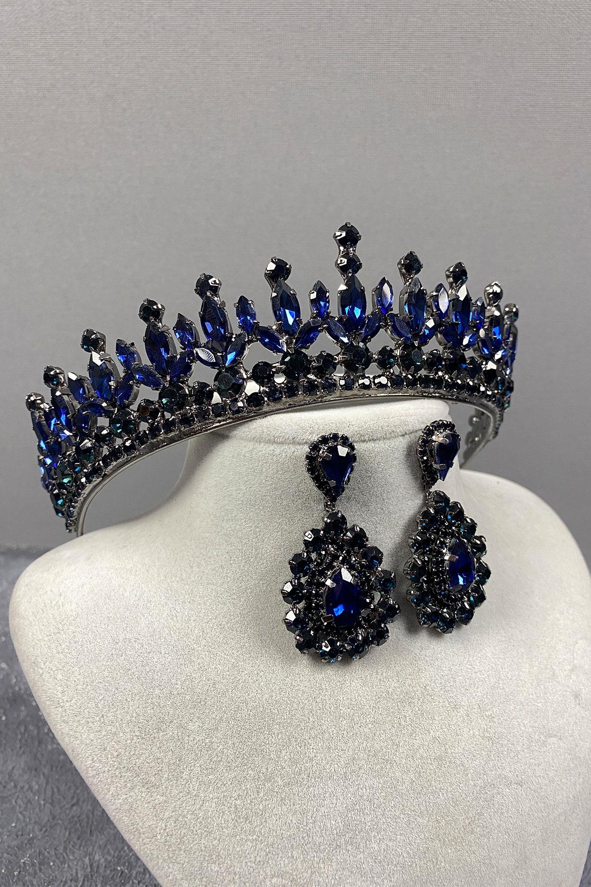 Navy Blue Pedro Stone Bridal Henna Tiara and Stud Earrings Set