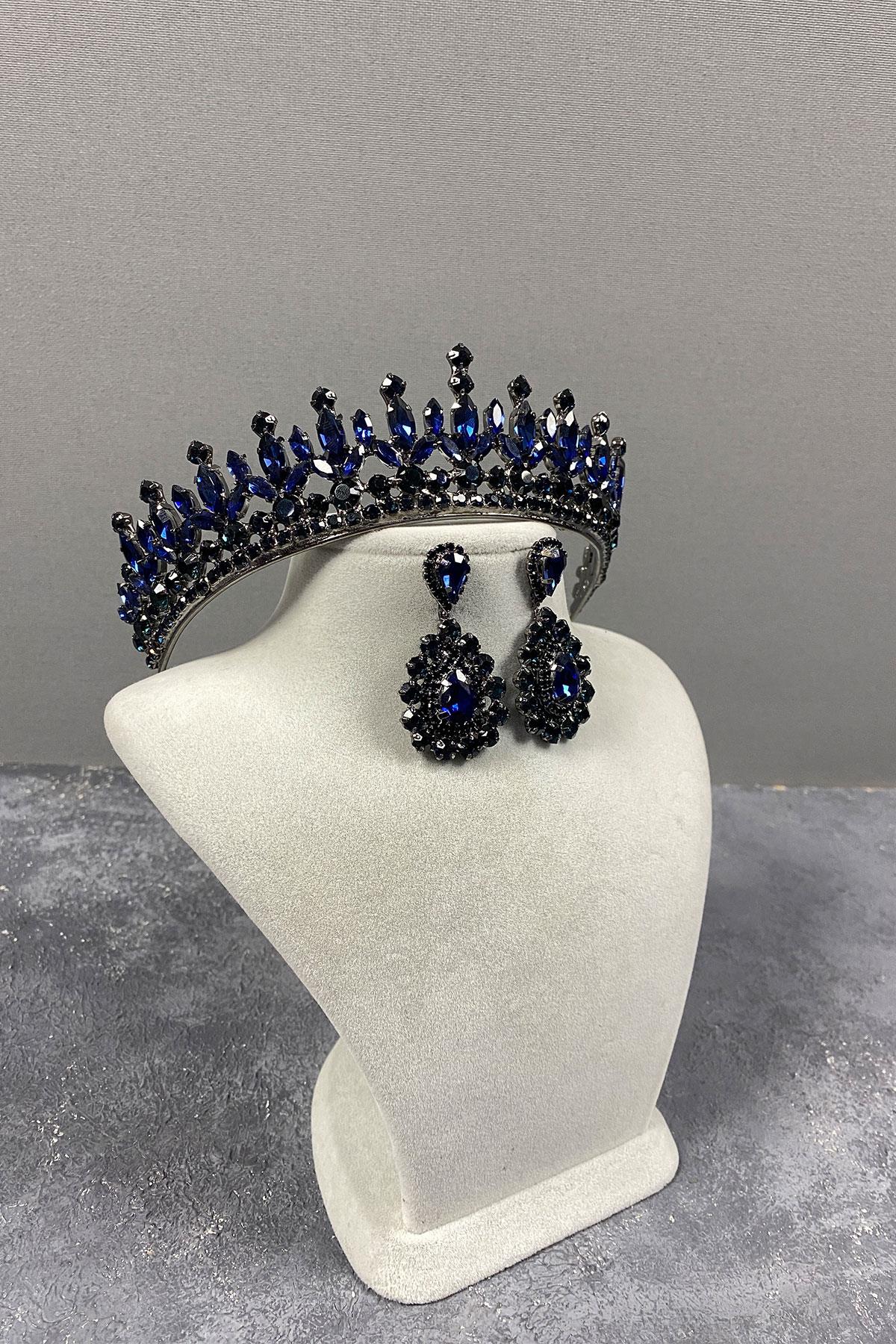 Navy Blue Pedro Stone Bridal Henna Tiara and Stud Earrings Set