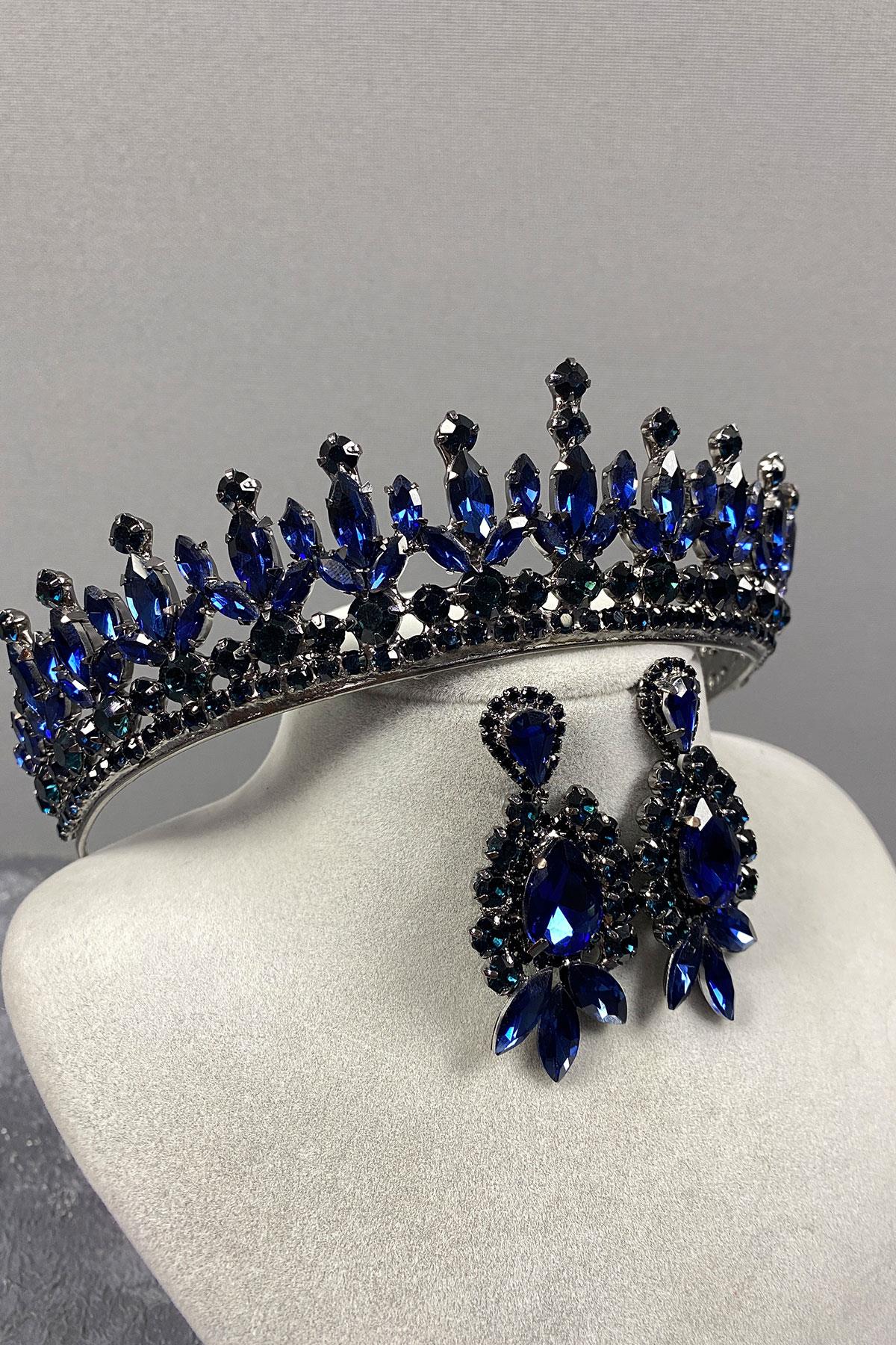 Navy Blue Pedro Stone Bridal Henna Tiara and Earring Set