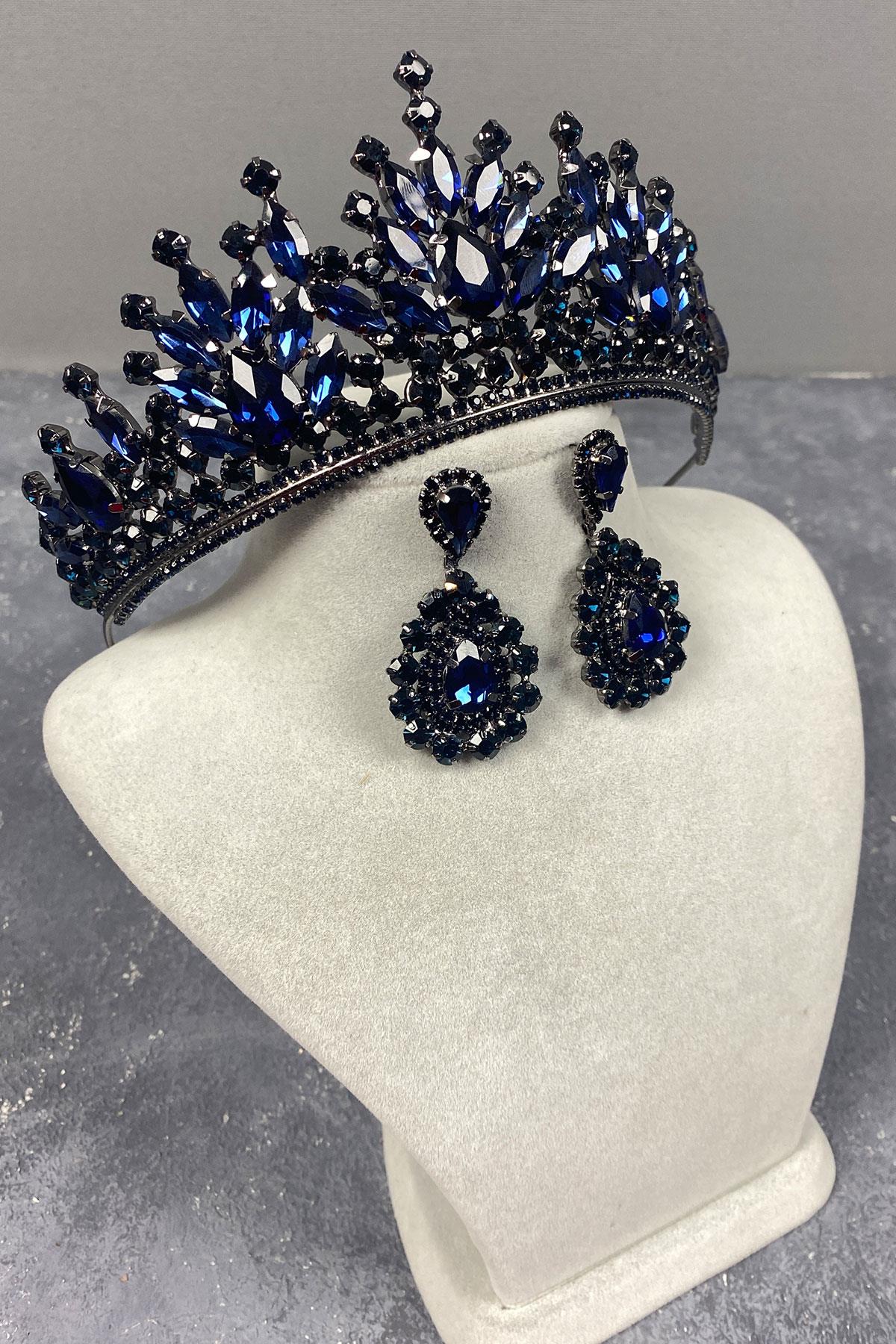 Lacivert Pera Gelin Kına Tacı Ve Damla Abiye Küpe