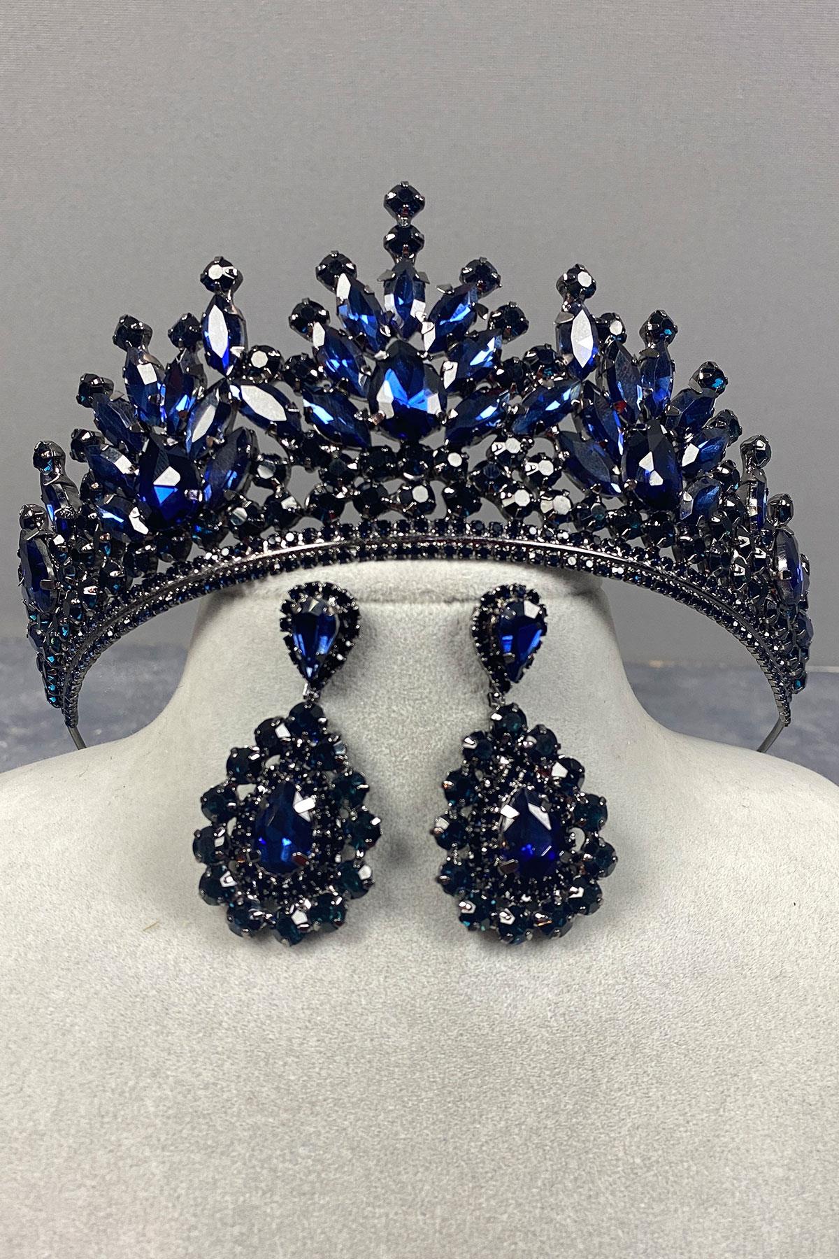 Lacivert Pera Gelin Kına Tacı Ve Damla Abiye Küpe