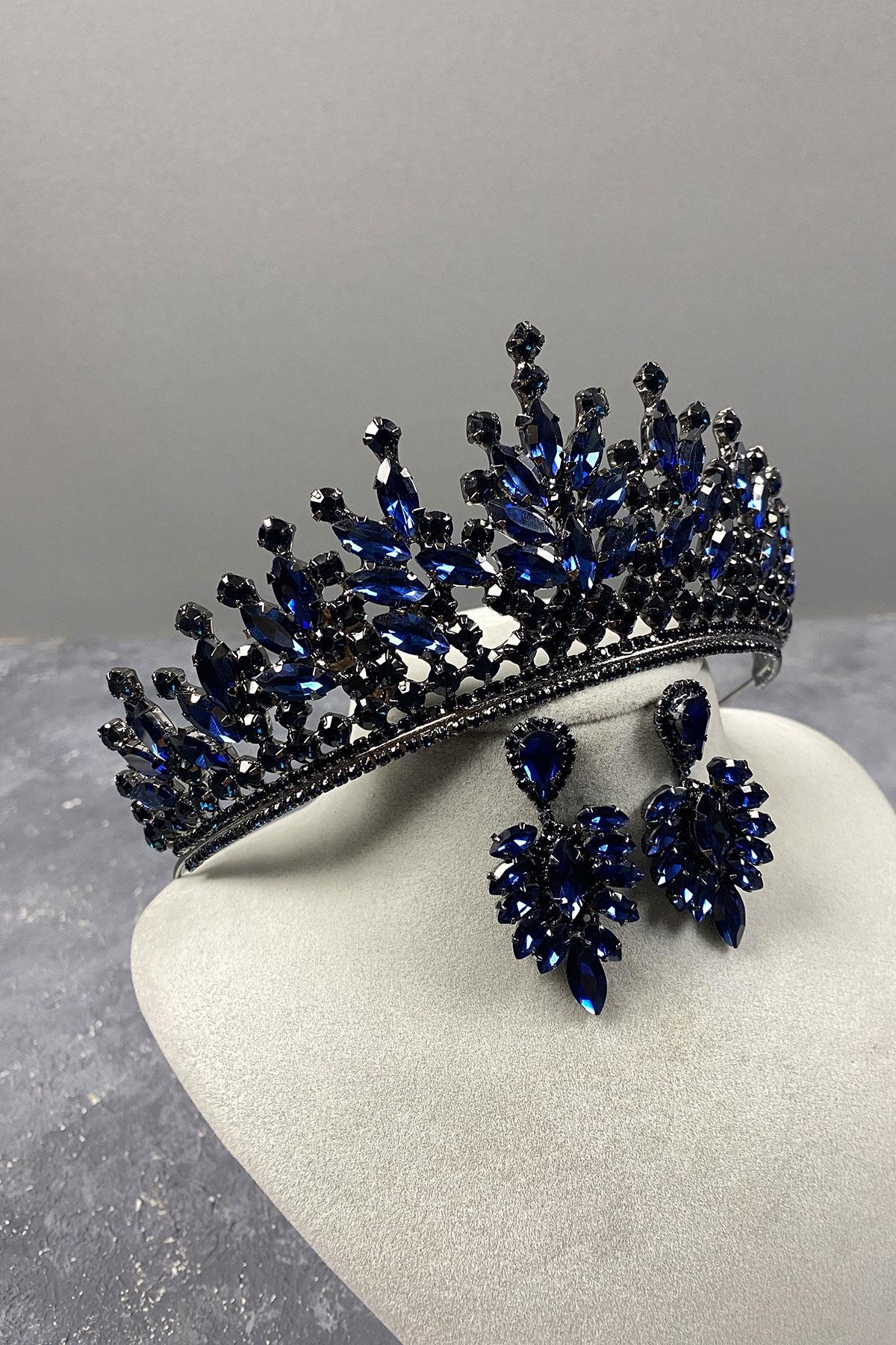 Navy Blue Rio Stone Bridal Henna Tiara and Stud Earrings