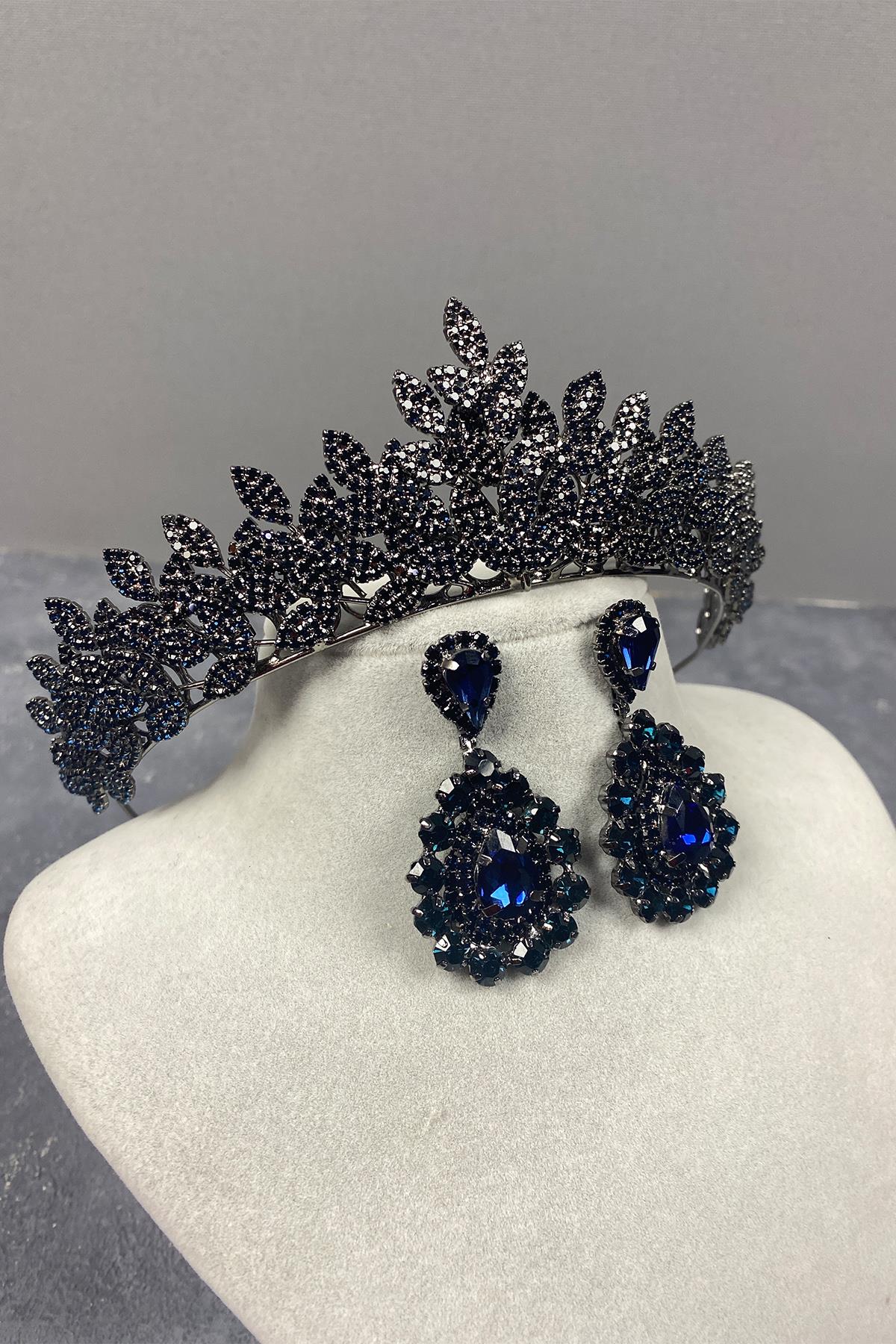 Navy Blue Sara Dense Stone Bridal Henna Tiara and Drop Stone Earring