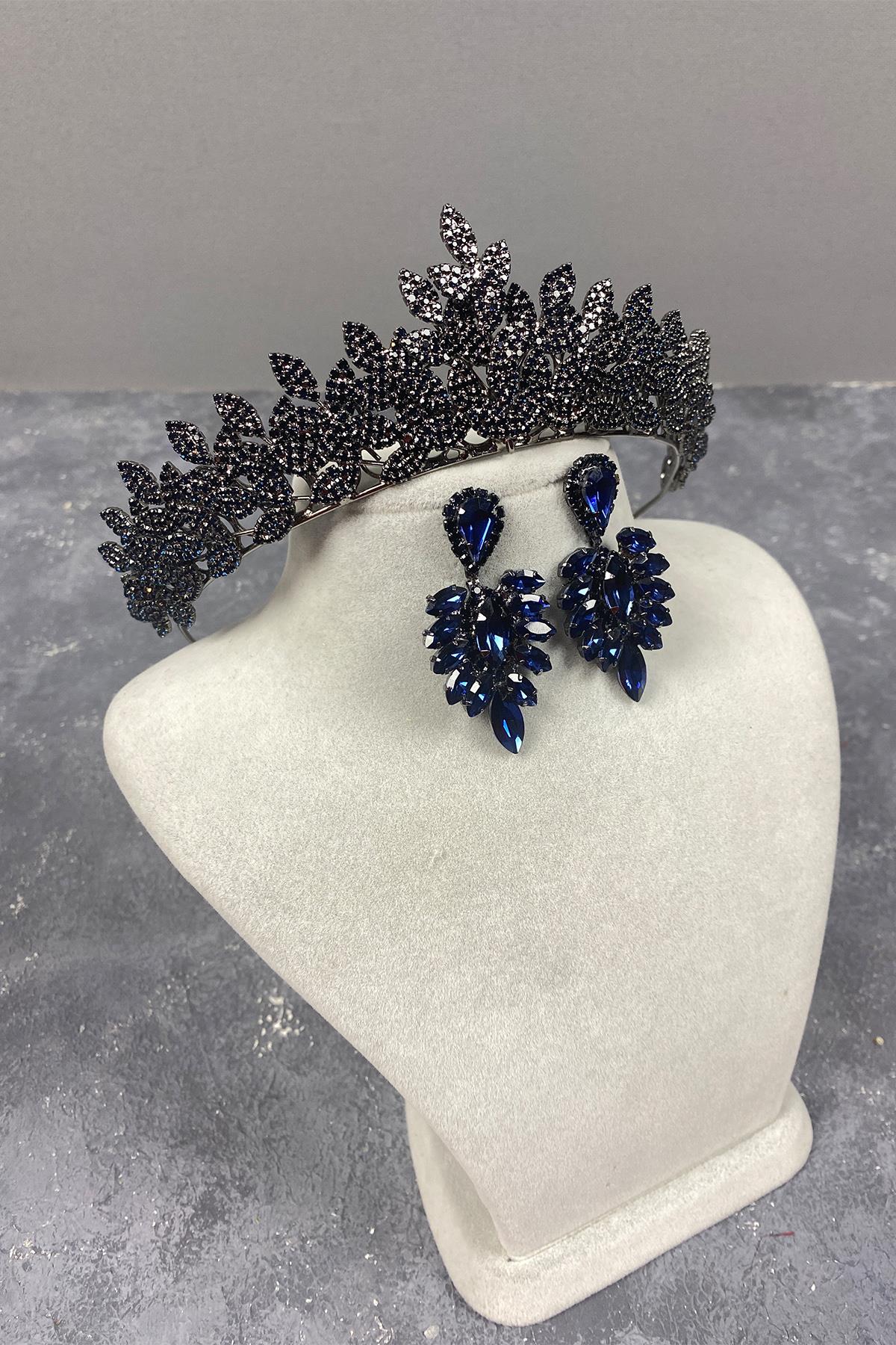 أزرق كحلي Sara Dense Stone Wedding Henna Tiara and Stud Earrings Set