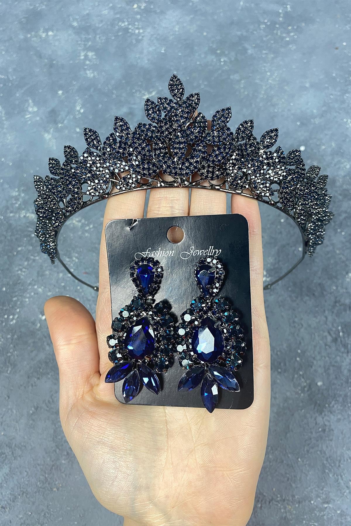 Navy Blue Sara Dense Stone Bridal Henna Tiara and Earring
