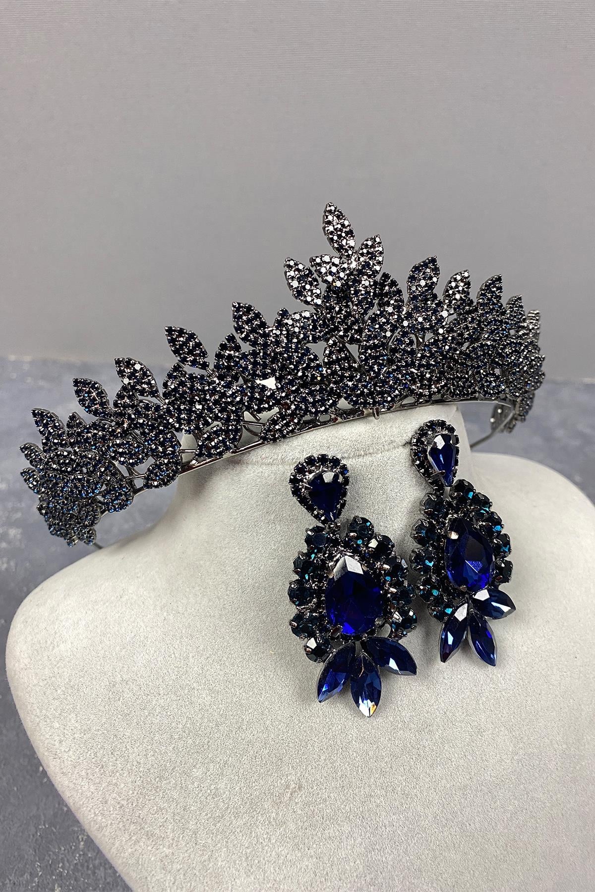 Navy Blue Sara Dense Stone Bridal Henna Tiara and Earring