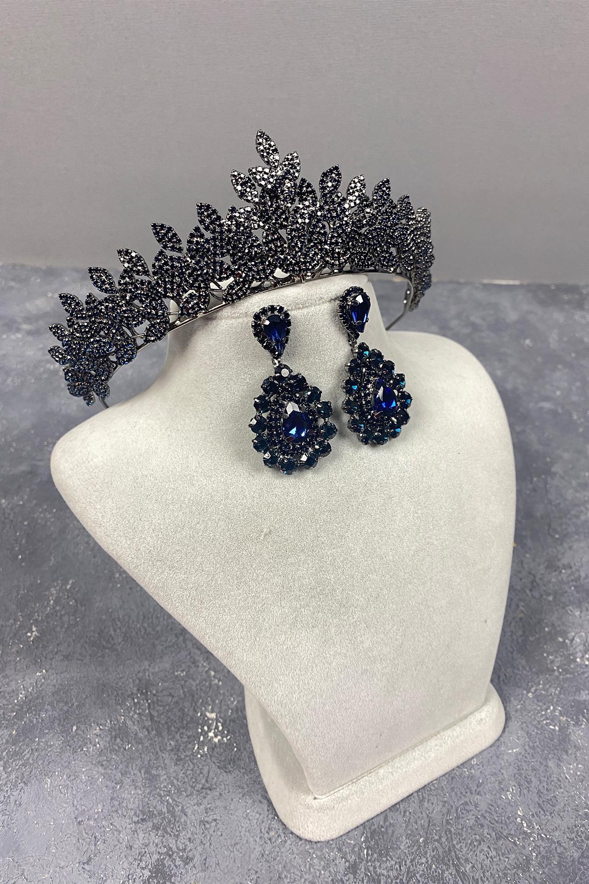 Navy Blue Sara Dense Stone Bridal Henna Tiara and Drop Stone Earring