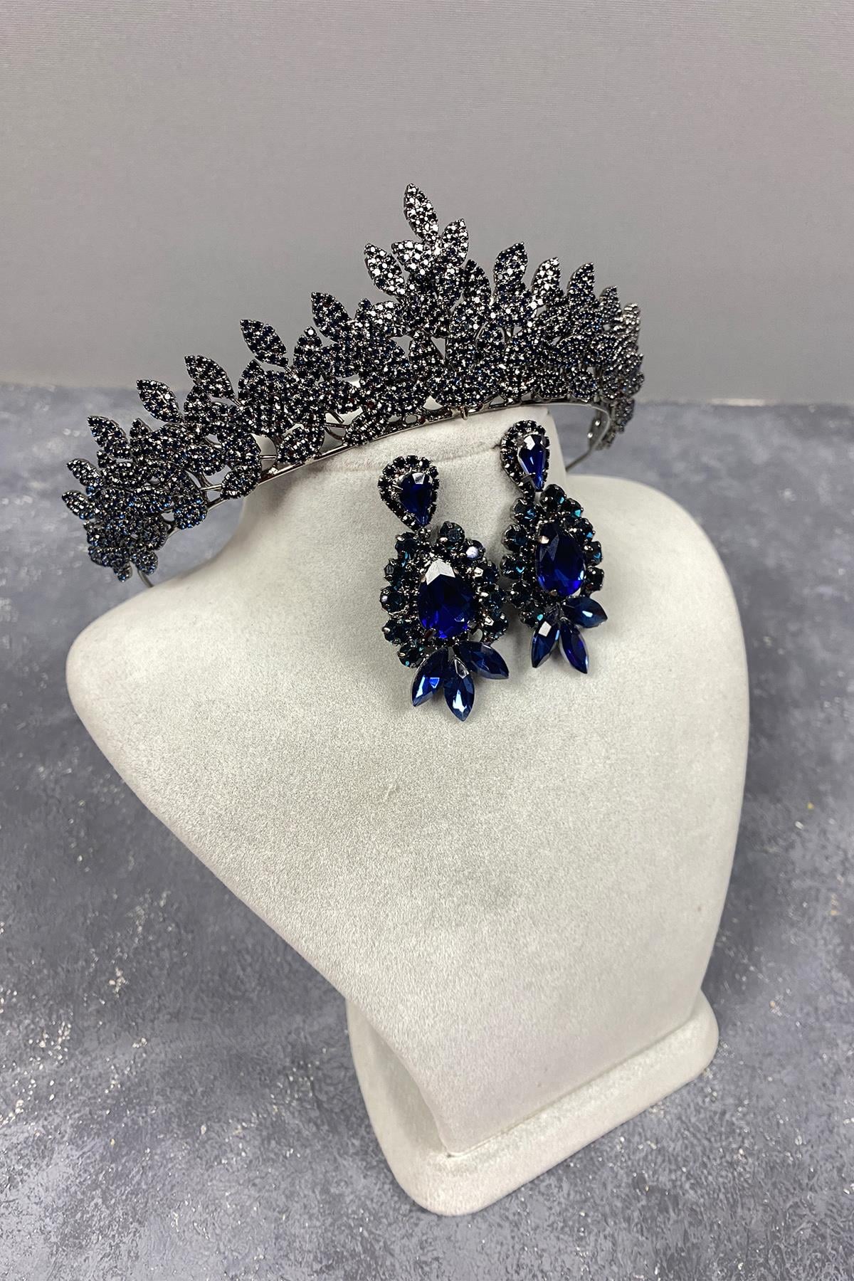 Navy Blue Sara Dense Stone Bridal Henna Tiara and Earring