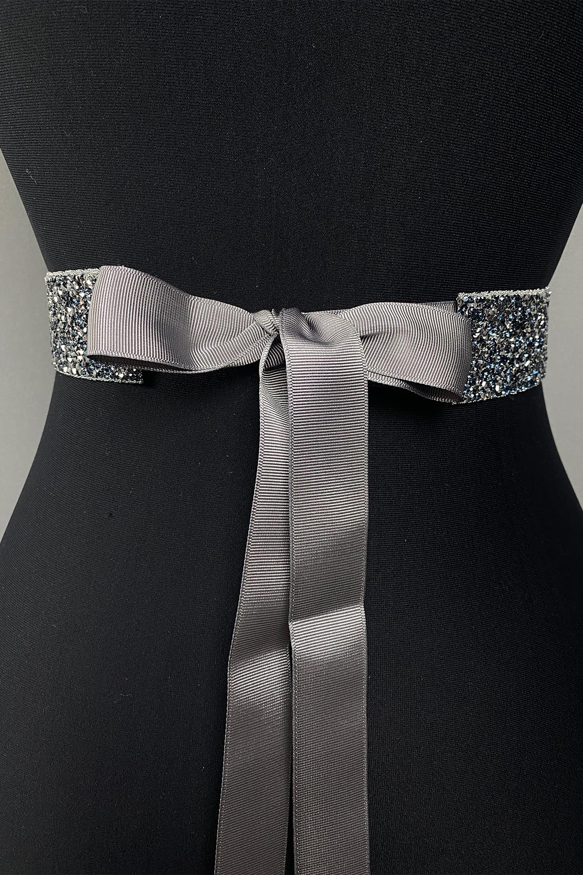 Navy Blue Dense Shiny Beaded Embroidered Stone Evening Dress Waist Belt