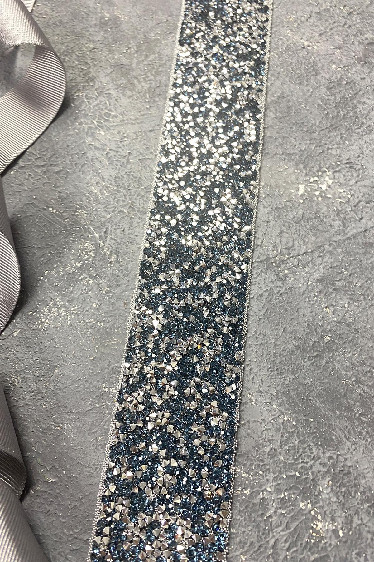 Navy Blue Dense Shiny Beaded Embroidered Stone Evening Dress Waist Belt