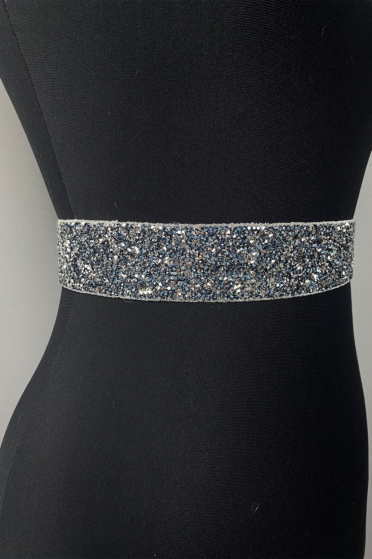 Navy Blue Dense Shiny Beaded Embroidered Stone Evening Dress Waist Belt