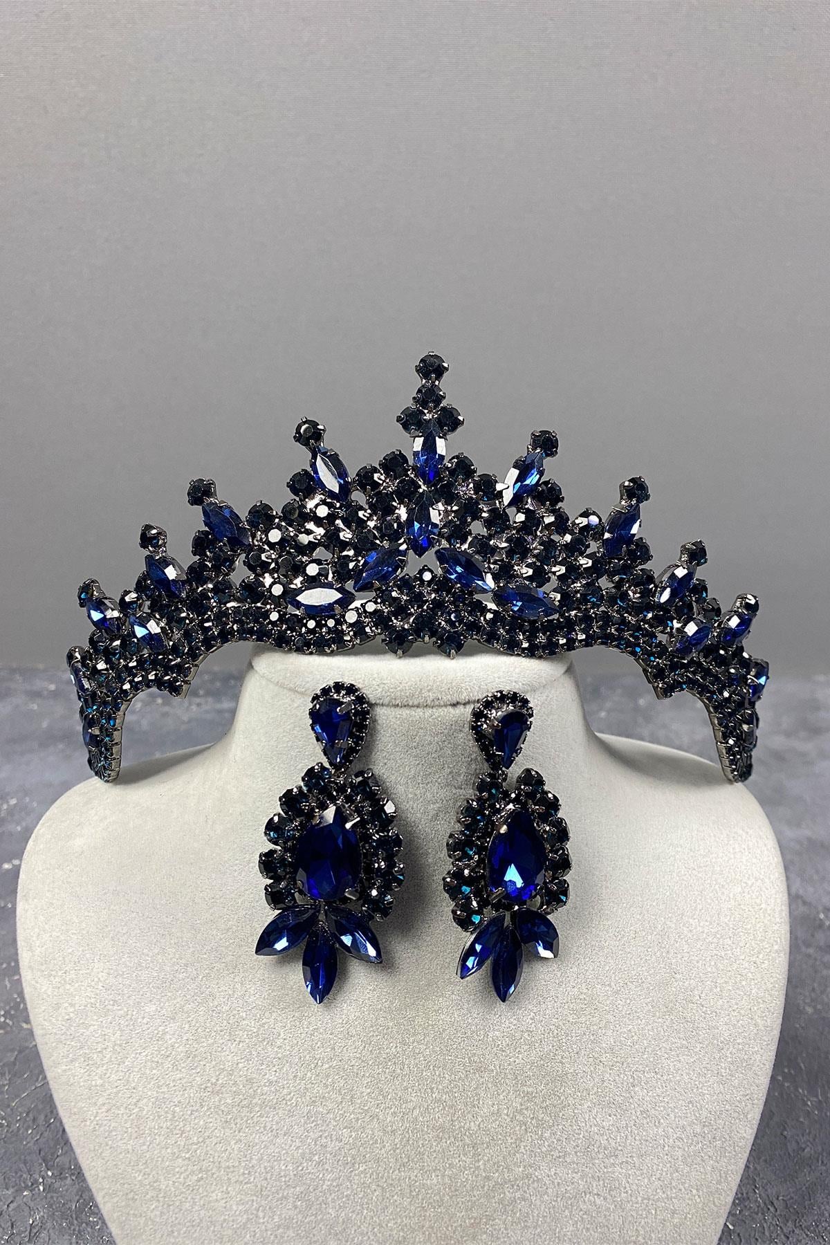 Navy Blue Tokyo Stone Bridal Henna Tiara and Stud Earrings
