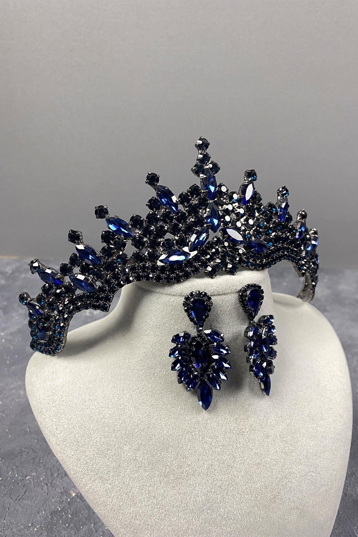 Navy Blue Tokyo Stone Bridal Henna Tiara and Stud Earrings Set