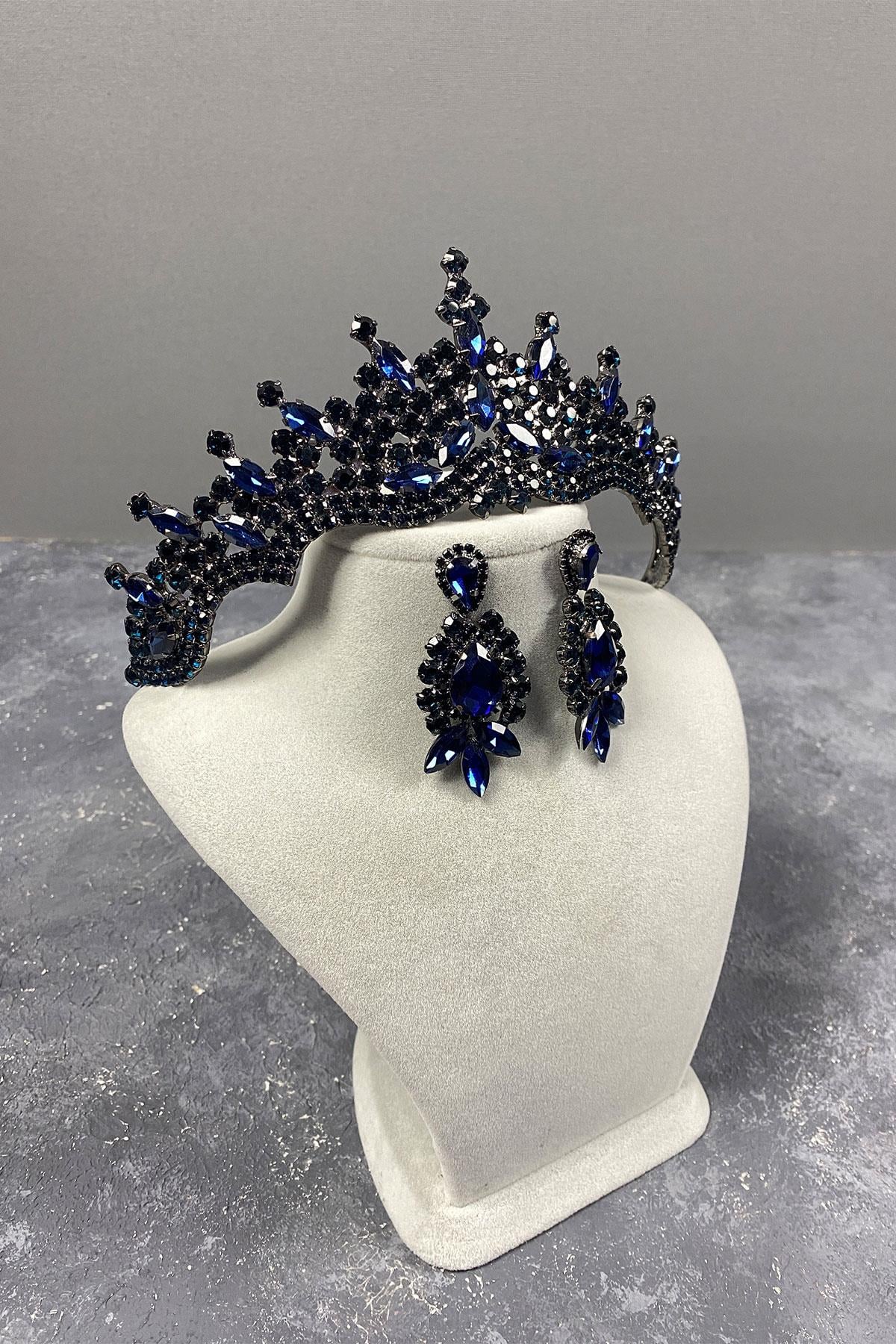 Navy Blue Tokyo Stone Bridal Henna Tiara and Stud Earrings