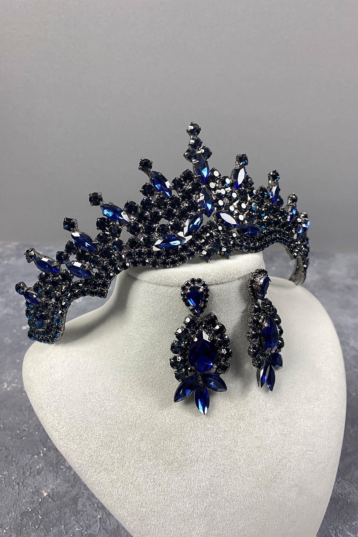 Navy Blue Tokyo Stone Bridal Henna Tiara and Stud Earrings