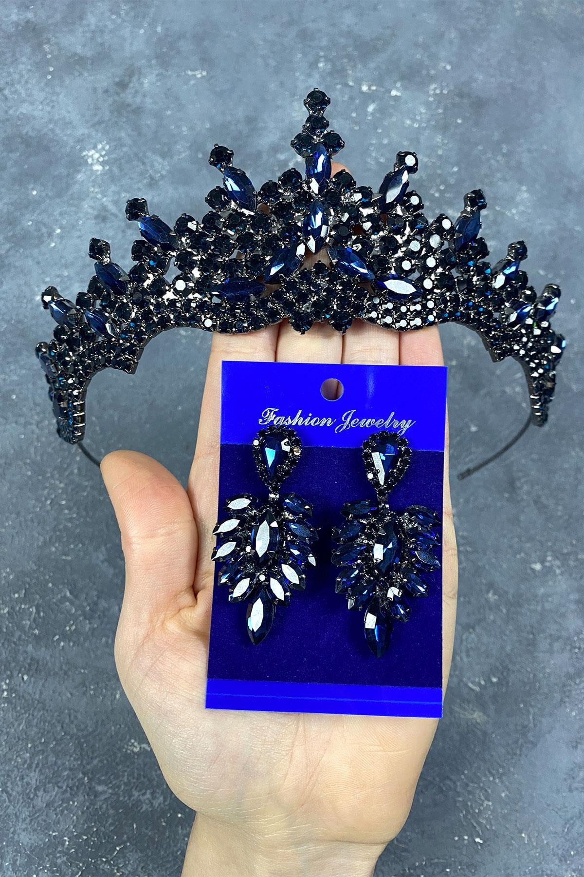 Navy Blue Tokyo Stone Bridal Henna Tiara and Stud Earrings Set