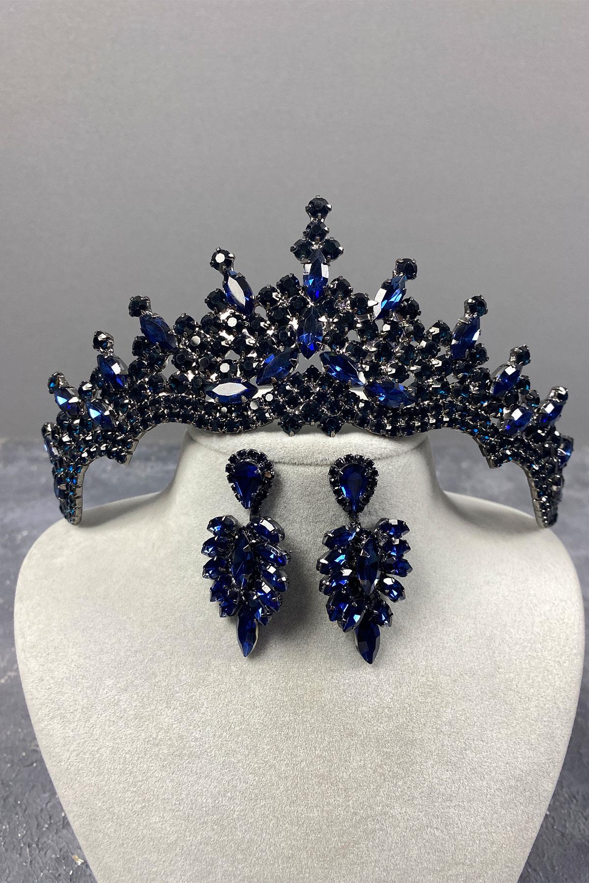 Navy Blue Tokyo Stone Bridal Henna Tiara and Stud Earrings Set