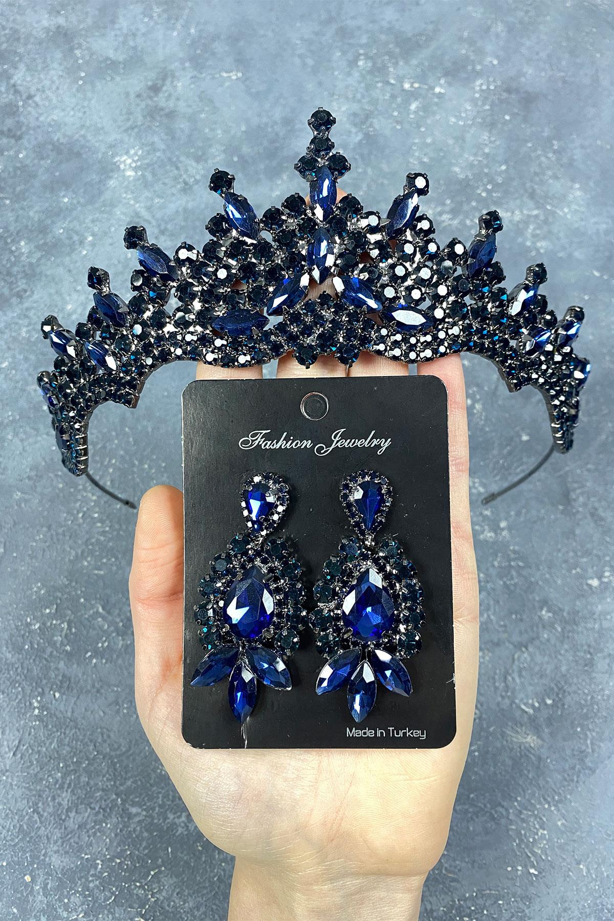 Navy Blue Tokyo Stone Bridal Henna Tiara and Stud Earrings