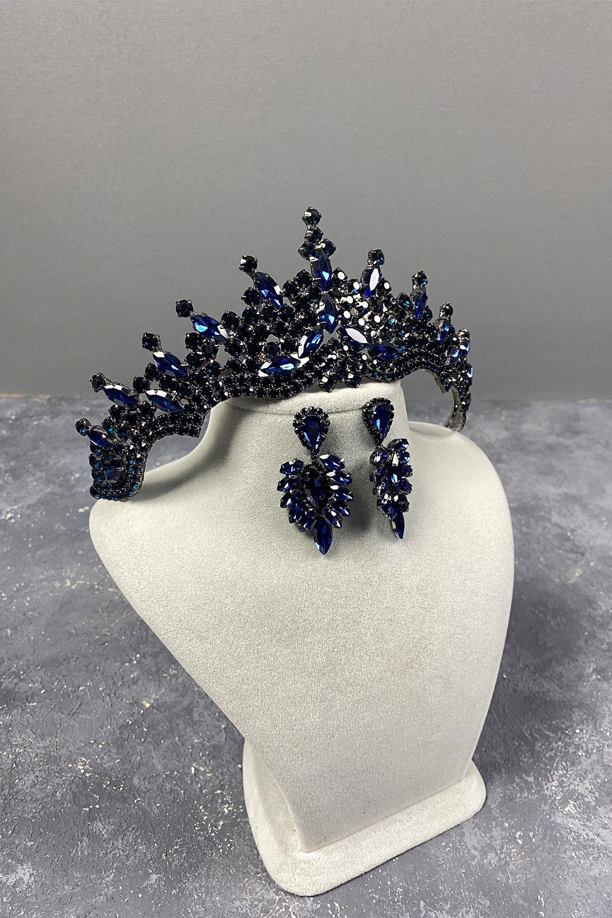 Navy Blue Tokyo Stone Bridal Henna Tiara and Stud Earrings Set