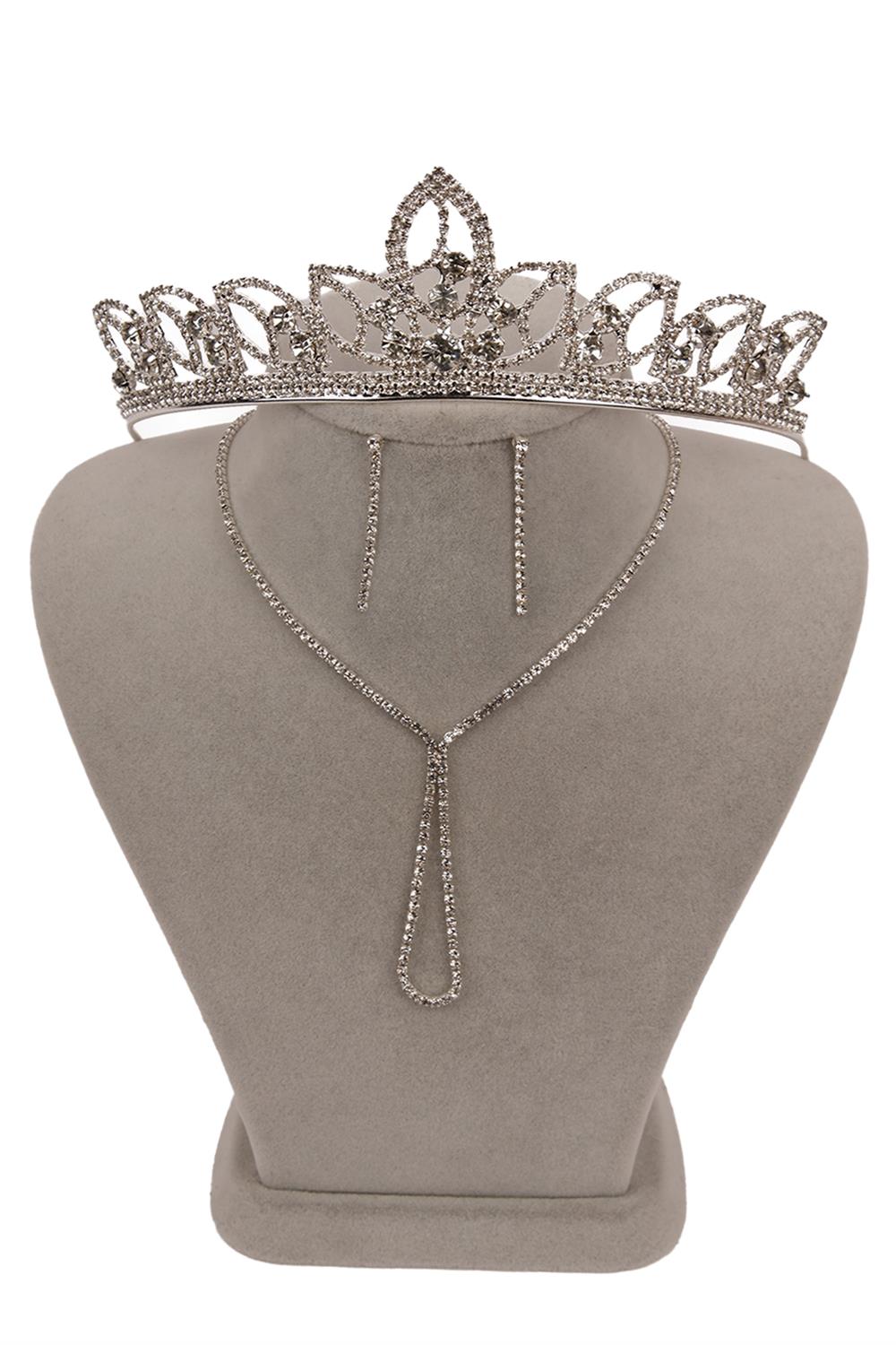 Lade Stylish Crystal Stone Evening Dress Necklace Earring Set Leaf Bridal Crown